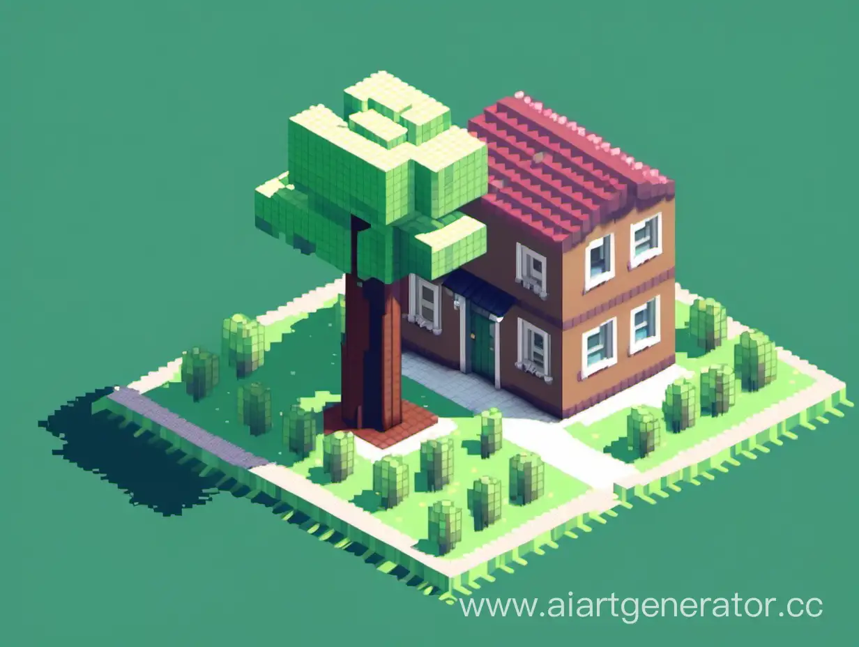 Пиксельный домик, со стоящим рядом деревом 