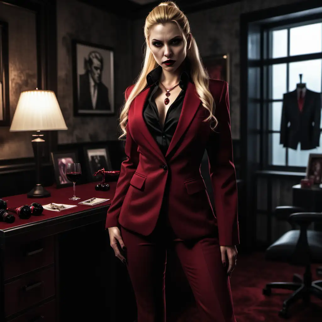A female vampire, blonde long hair, ponytail, wearing a fitting wine red suit, fitting black trousers, black bra under the suit, black heels, bombshell, necklace with a red pendant, inside a mafia boss' room, realistic