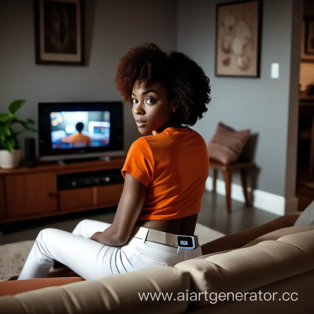 Cinematic-Analog-Style-Young-African-American-Woman-Watching-TV-in-Cozy-Living-Room