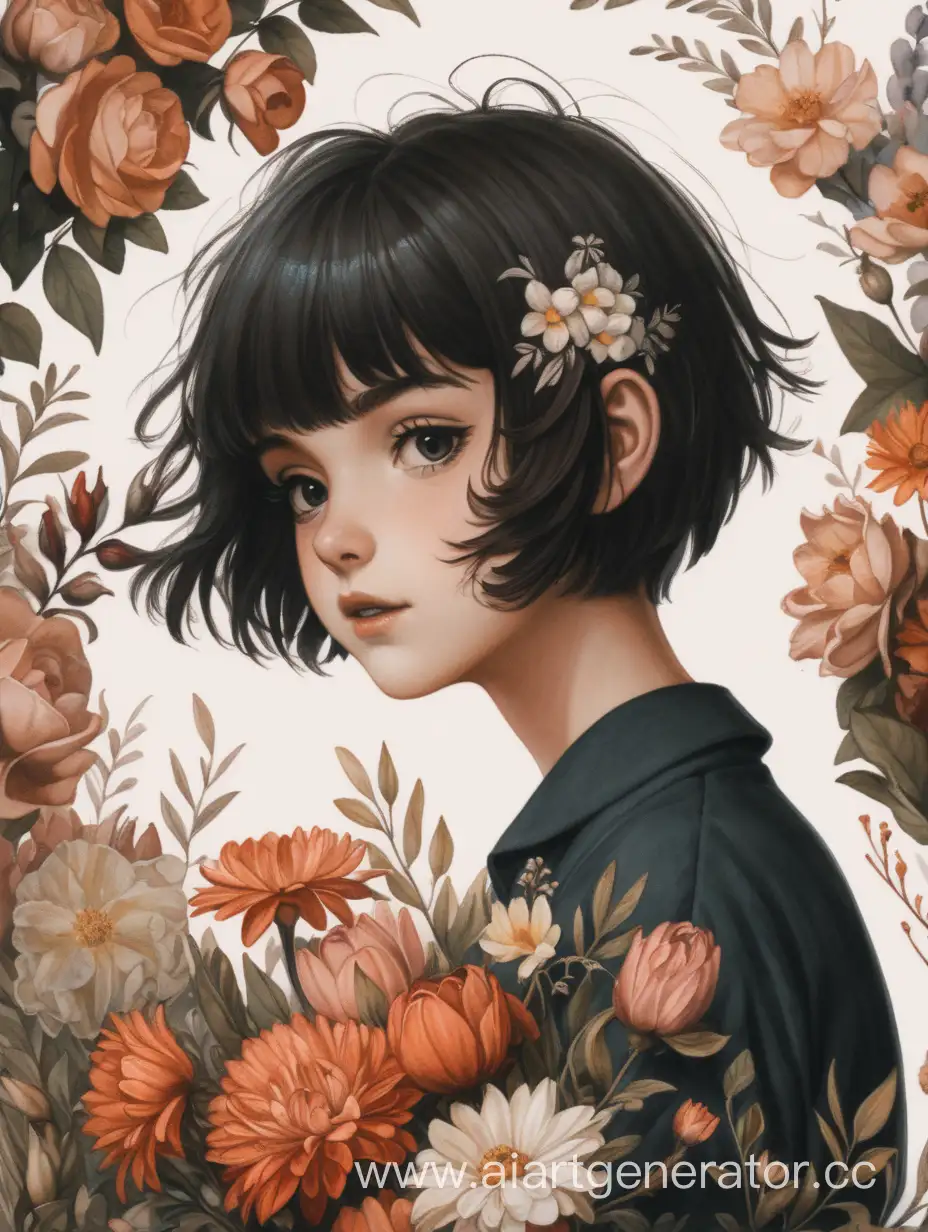 Девушка с короткими темными волосами и цветочками