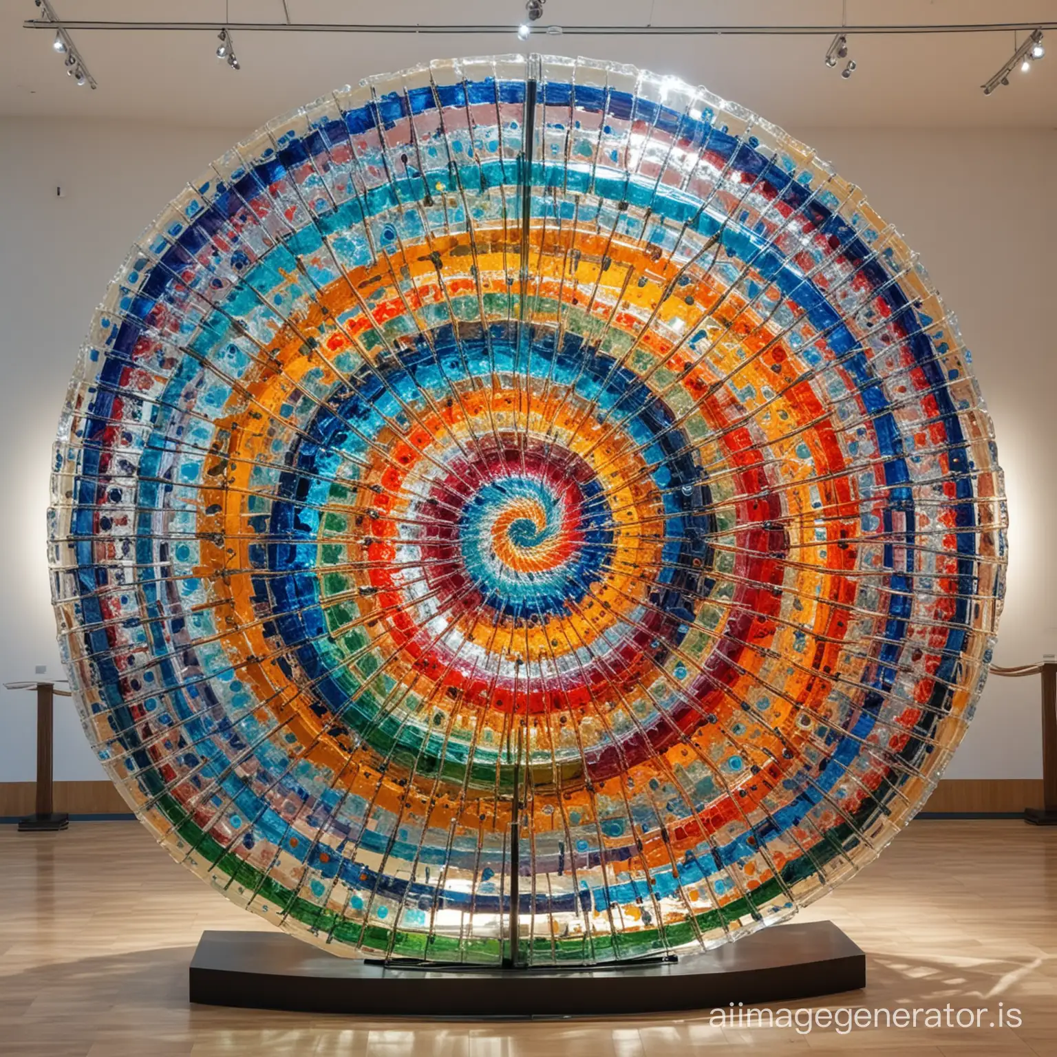 a very big spiral mandala colorful sculpture made  of shiny colored transparent glass  in the art gallery