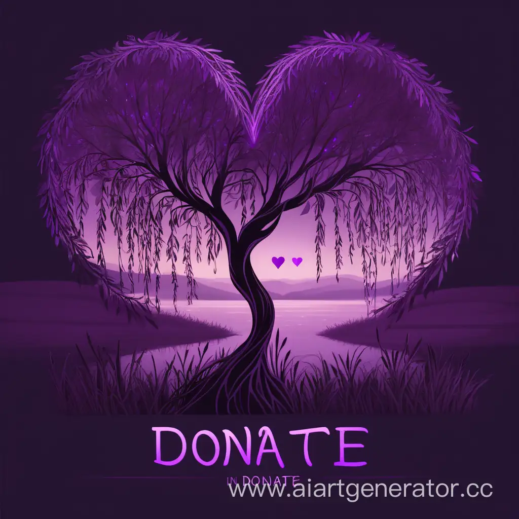 dark willow с надписью Donate в фиолетовом стиле показывает сердечко в дали
