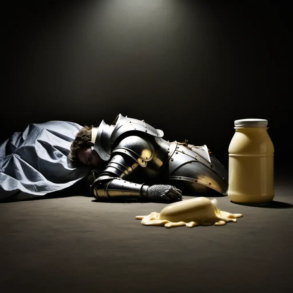 A knight sleeping next to empty mayonnaise jars