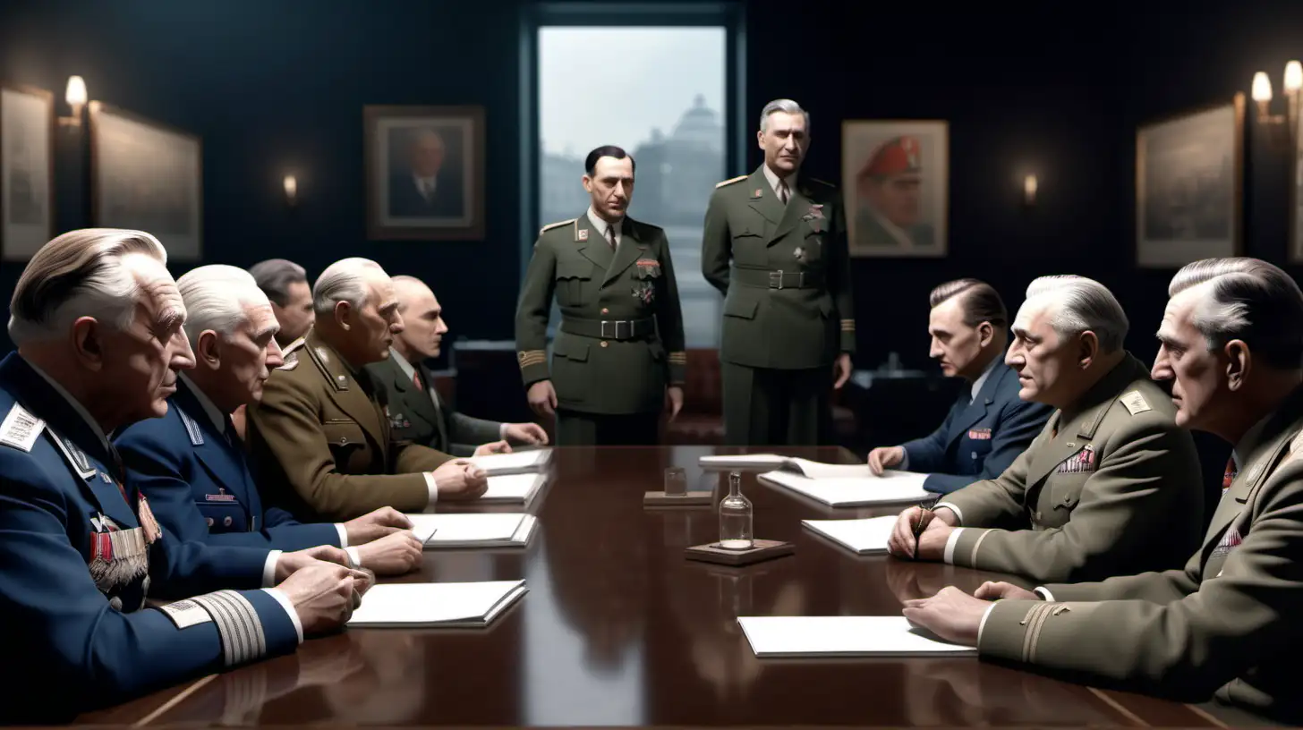 Create a hyperrealistic 8K rendering of an important discussion between leaders of the Allied powers during World War II