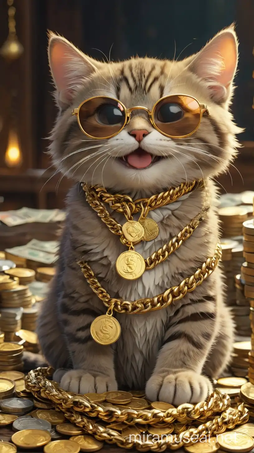 堆成山的纸币和金币的背景，快乐的小猫咪，戴着大金链子，戴着酷酷的墨镜，嘴里叼着雪茄