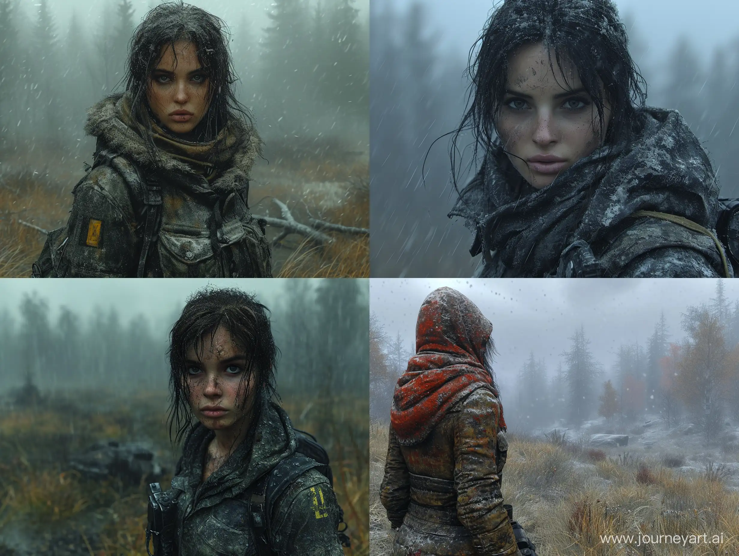 Beautiful female mercenary in videogame S.T.A.L.K.E.R dark weather dead trees --s 999 --style raw --v 6