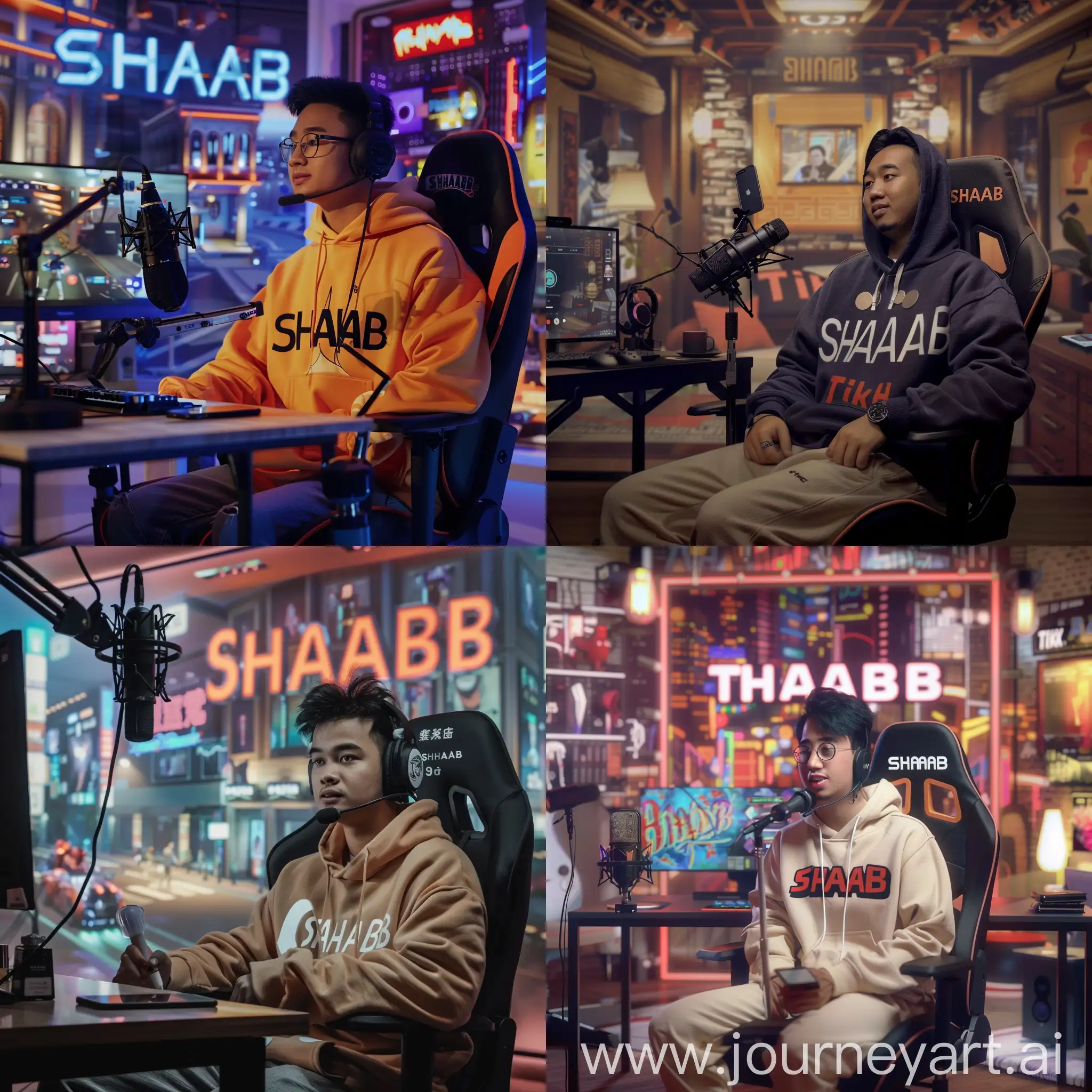 A 32-year-old Indonesian MEN is making a podcast on the TikTok application, sitting in a gaming chair wearing a 'SHAHAB' hoodie. In front of him is a microphone and an Apple phone on a table, with a realistic HD background of a room with the words 'SHAHAB' written on it.