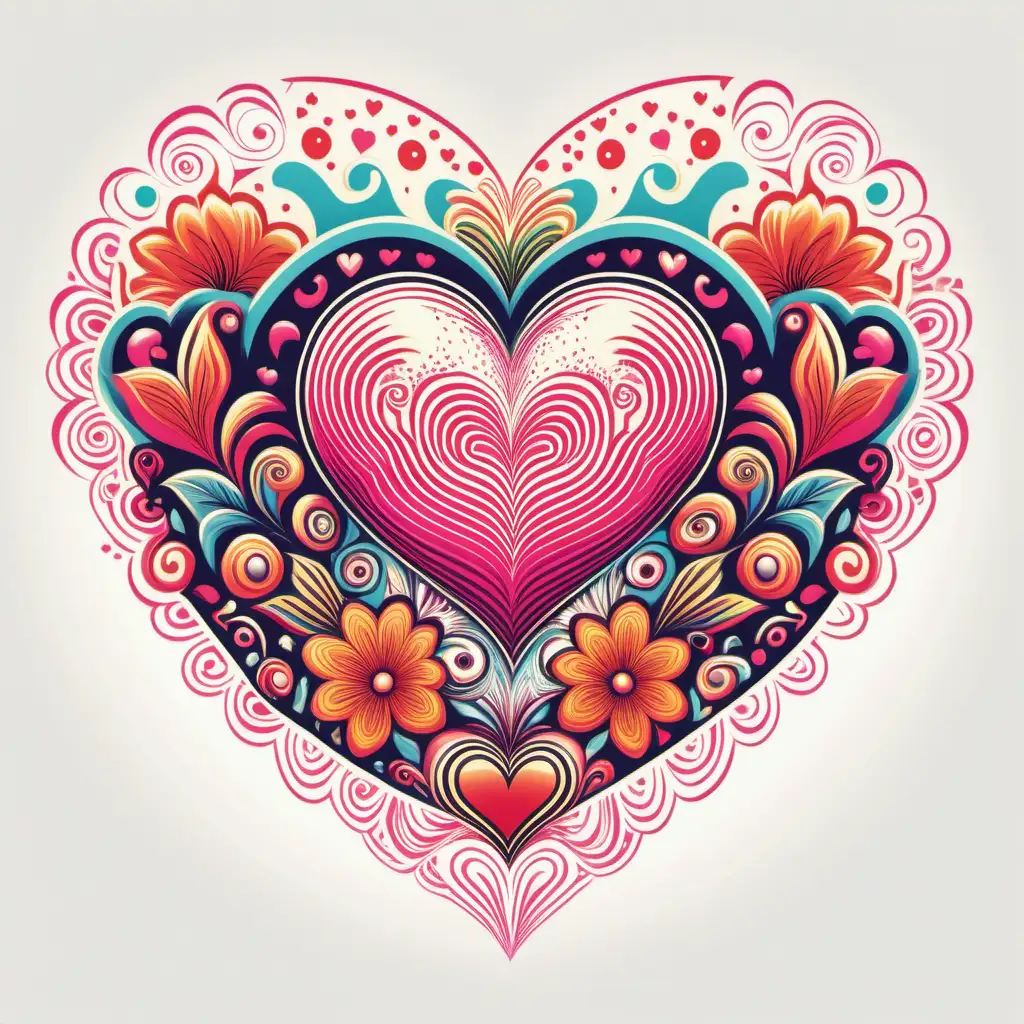 Retro Valentine Heart with Flowers and Psychedelic Patterns Romantic Tshirt Design