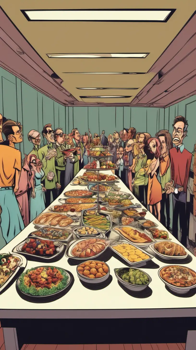cartoony,  color.  Eye level, wide shot of a buffet table in the middle of the room at a party