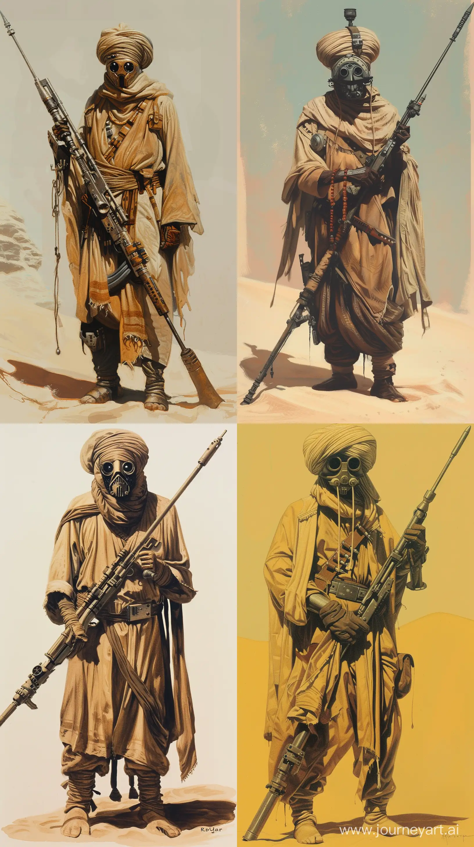 Old concept art by Ralph McQuarrie of a thin menacing desert assassin droid in turban and robes holding a long thin rifle. similar to a Tusken raider. retro science fiction art. in color. --ar 9:16

