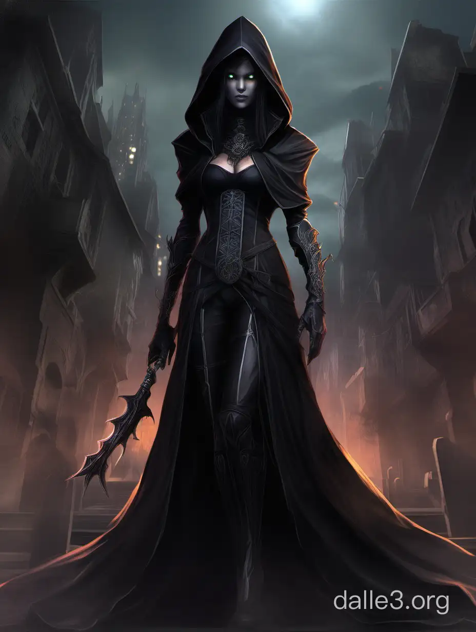 Create a digital fantasy painting of a female character with the following attributes: - Profession: Necromancer - Age: 50 years - Height: 175cm - Weight: 55kg - Body type: fit figure, black unkempt hair - Posture: standing straight, hands on her hips - Facial features: hardened, worn, edged - Facial expression: arrogance and contempt - Clothes: conservative fitting tight strapped high-collar black dress with a hood - Background: dark, with glowing bright colors of her spells, blurred dark city behind