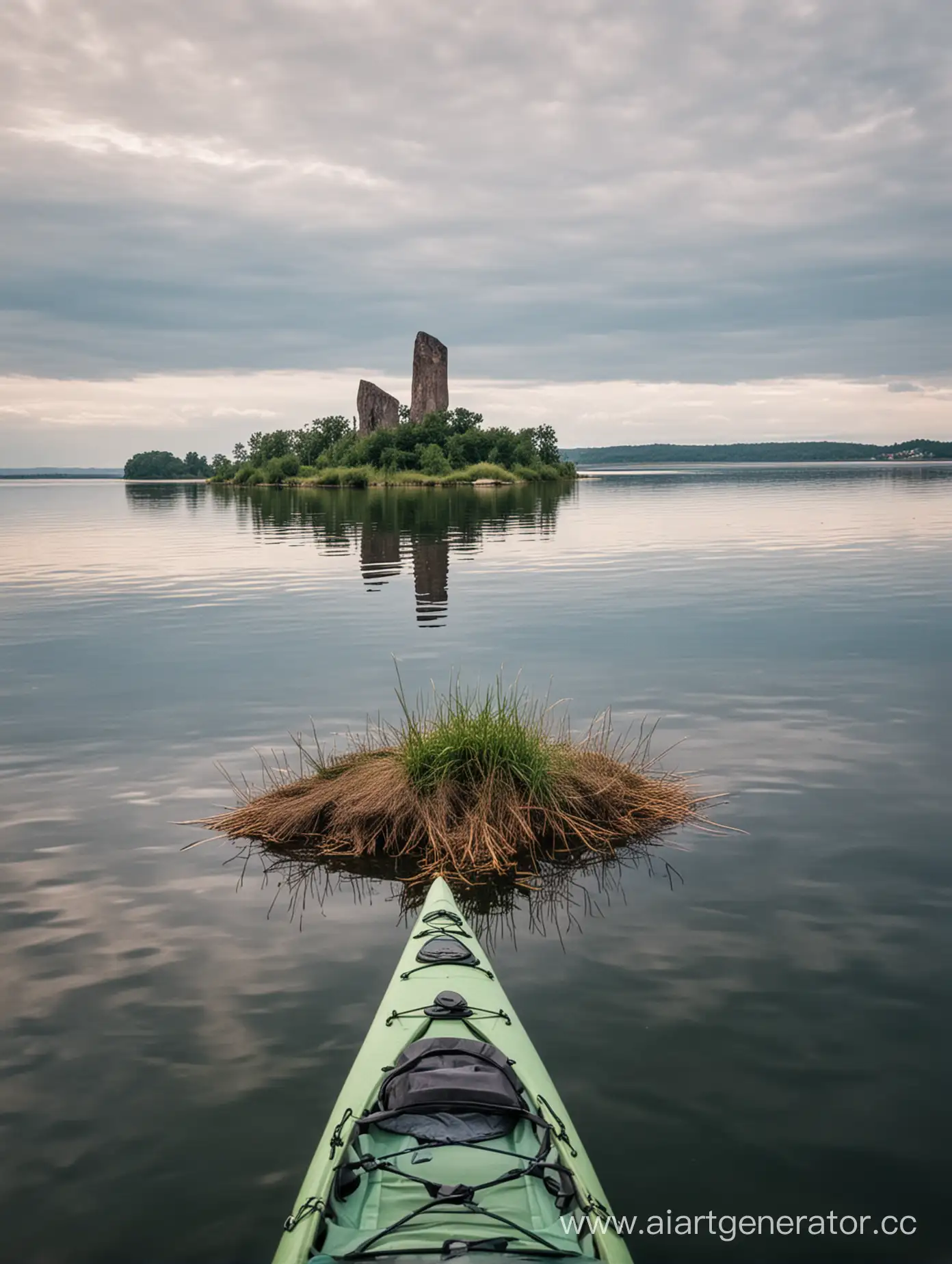 Gibonov island on Zalew Sulejowski Lake in Poland. The island is seen on the picture from a kayak. There is a prehistoric old monument deep in the island and can be see from distance, and for the person on kayak.