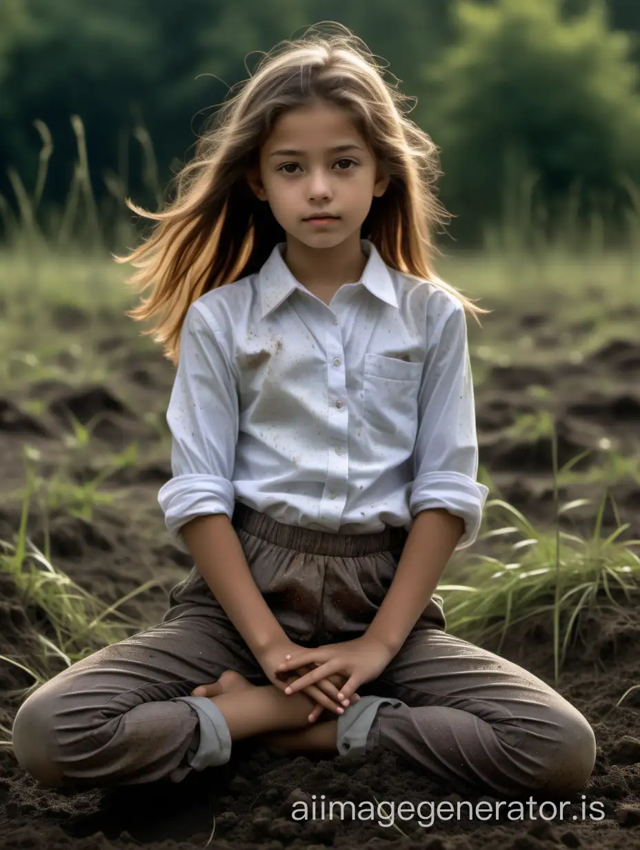 Before you is a slender and charming girl, around ten years old. She has brown eyes that sparkle with innocence and curiosity. Her hair, left loose, lightly sways in the wind, creating an impression of immediacy and freedom. She is dressed in a shirt, speckled with stains of dirt, indicating her playful and carefree nature, as well as white pants, showing traces of soil and grass. The girl sits on a clearing in the janyasana pose, tucking one leg under herself, and stretching the other one forward, lost in her thoughts or simply enjoying the moment, 8K UHD, full body in image