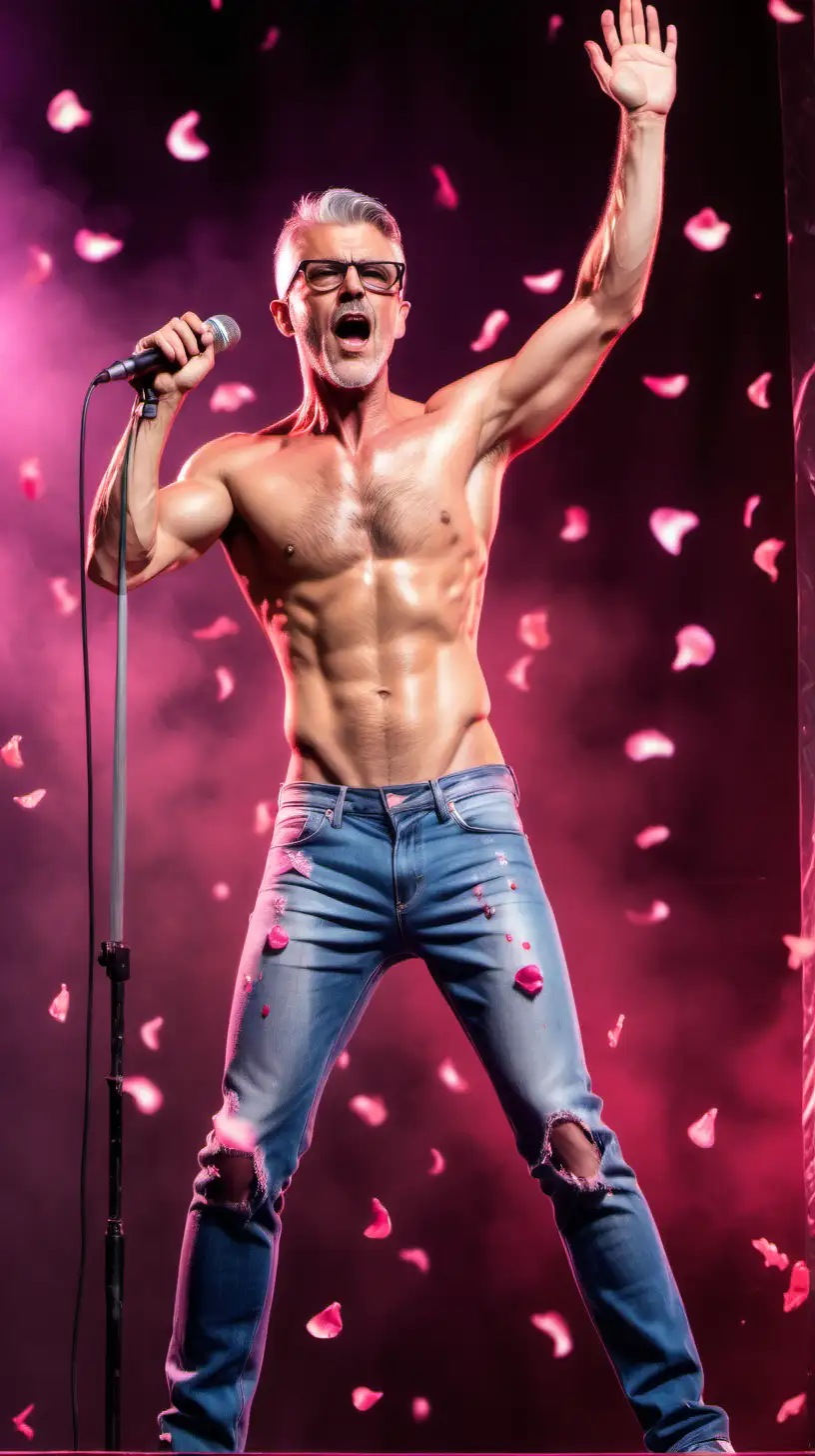 Handsome silver fox male rockstar singing careless whisper on stage pink spotlights mic stand rose petals falling short hair glasses stubbles shirtless muscular torn jeans very sweaty oiled up dripping wet show hairy chest show abs show legs full body shot hands waving 