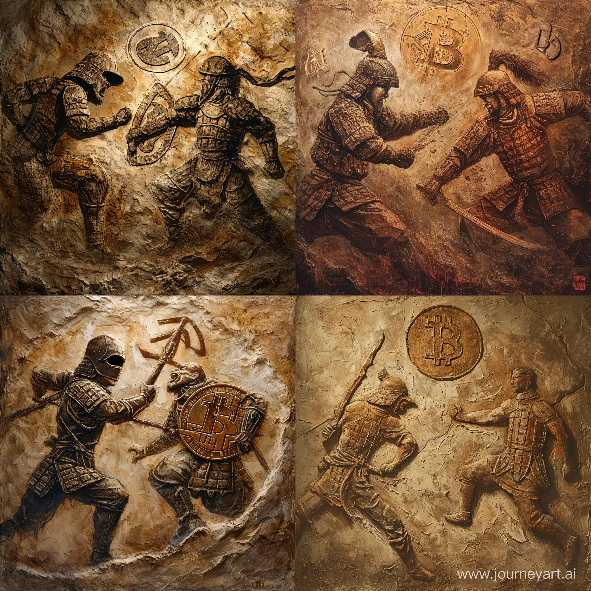 Art, painting. Prehistoric cave art of a strong and lean medieval Chinese soldier with visor helmet and embossed with the aleph symbol battling a medieval lean and strong Japanese warrior embossed with the Bitcoin logo.