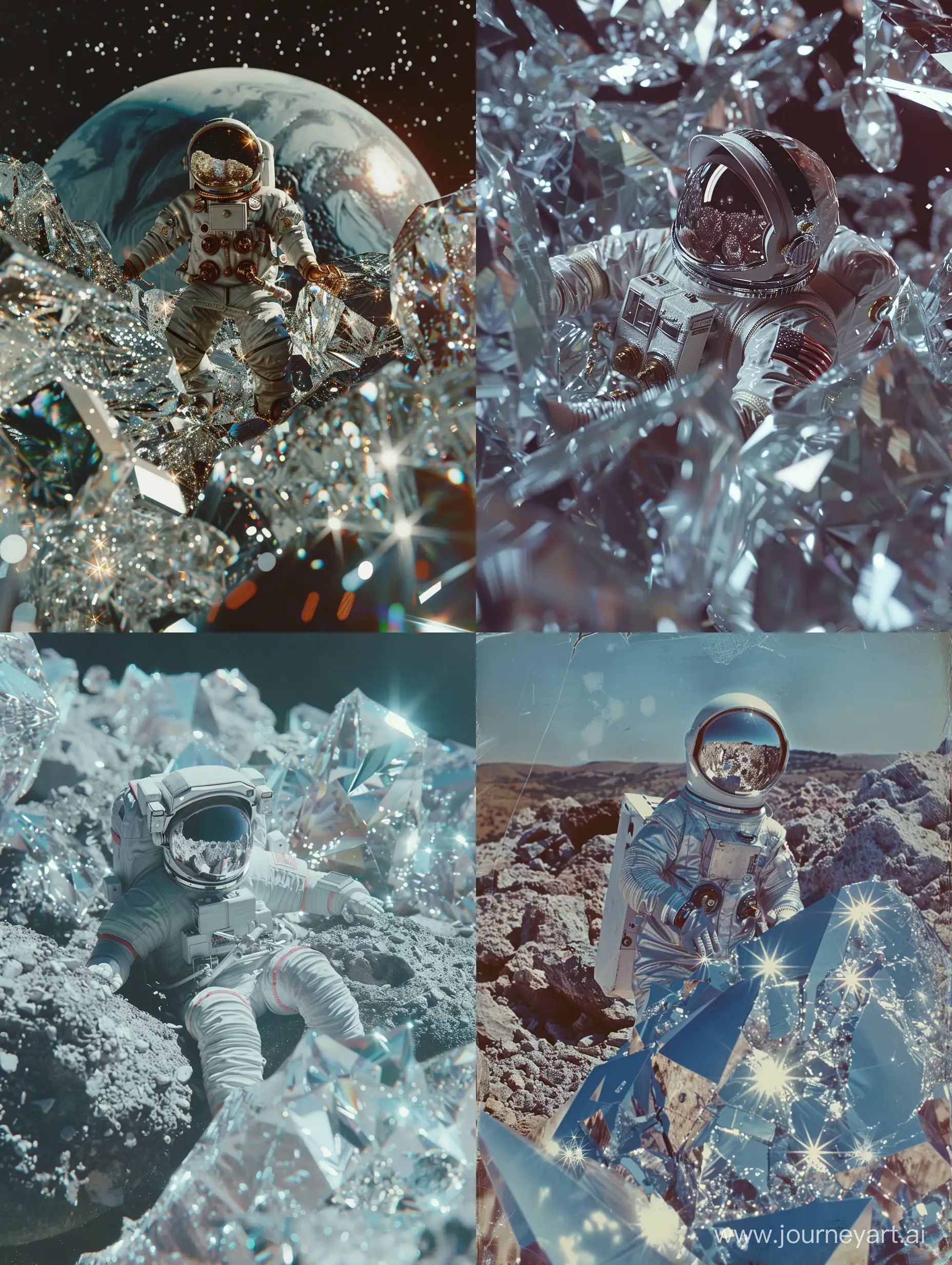 A beautiful, damaged 1960s film photograph of a sci-fi astronaut on the surface of a planet completely made of diamond, hyperrealistic
