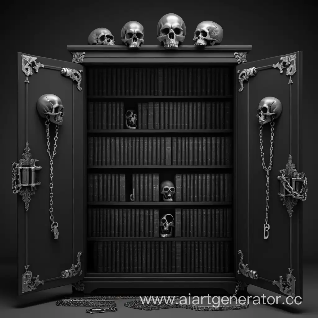 Черный шкаф, в котором железные цепи, черные книги и черепа