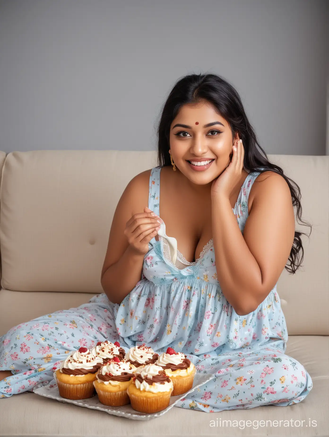 Beautiful indian plus size women wore sleeveless nighty cleaning sit in sofa eating cake