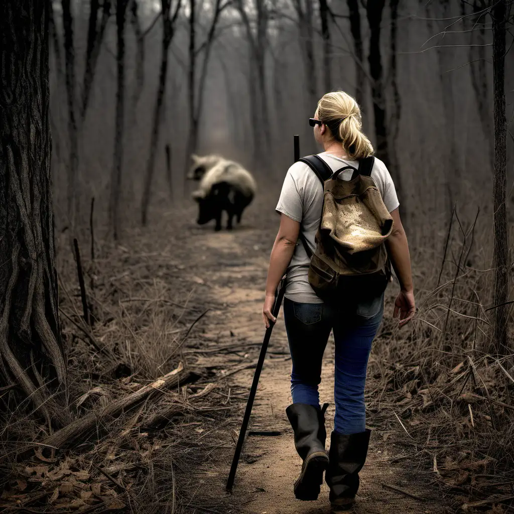 **Description:**
Illustrate a traveler in the midst of their journey, standing at a critical juncture where the landscape reveals the consequences of the wild hog presence in the wooded areas of Texas. Our protagonist is a determined blonde woman, equipped with adventure gear—her weathered backpack holding essentials, and a walking stick in hand.

As she stands on a trail that winds through the wooded areas, the aftermath of wild hog activity becomes apparent. The once lush and vibrant vegetation shows signs of damage—uprooted plants, trampled undergrowth, and disrupted wildlife habitats. Claw marks on tree trunks and scattered debris hint at the wild hogs' powerful impact on the environment.

The landscape transitions from a serene woodland to a scene of disturbance, with the path itself bearing the marks of the hogs' passage. The lighting captures the somber mood, casting shadows on the damaged foliage and emphasizing the altered ecosystem.

Symbols of the ongoing struggle are subtly incorporated—perhaps a distressed animal fleeing the scene, highlighting the impact on wildlife. Additionally, a map or tool used by conservationists could be integrated, symbolizing efforts to understand and mitigate the damage caused by the wild hogs.

The traveler's facial expression reflects a mix of concern and determination. Her gaze takes in the scene, acknowledging the challenges posed by the wild hogs, while her posture suggests a readiness to address the ecological implications of their presence.

**Mood:**
The image should evoke a sense of environmental disruption, highlighting the consequences of the wild hogs' activities on the Texas plant and wildlife. The traveler's presence at this critical point symbolizes a moment of recognition and a call to action in addressing the challenges posed by the wild hog impact on the natural ecosystem.