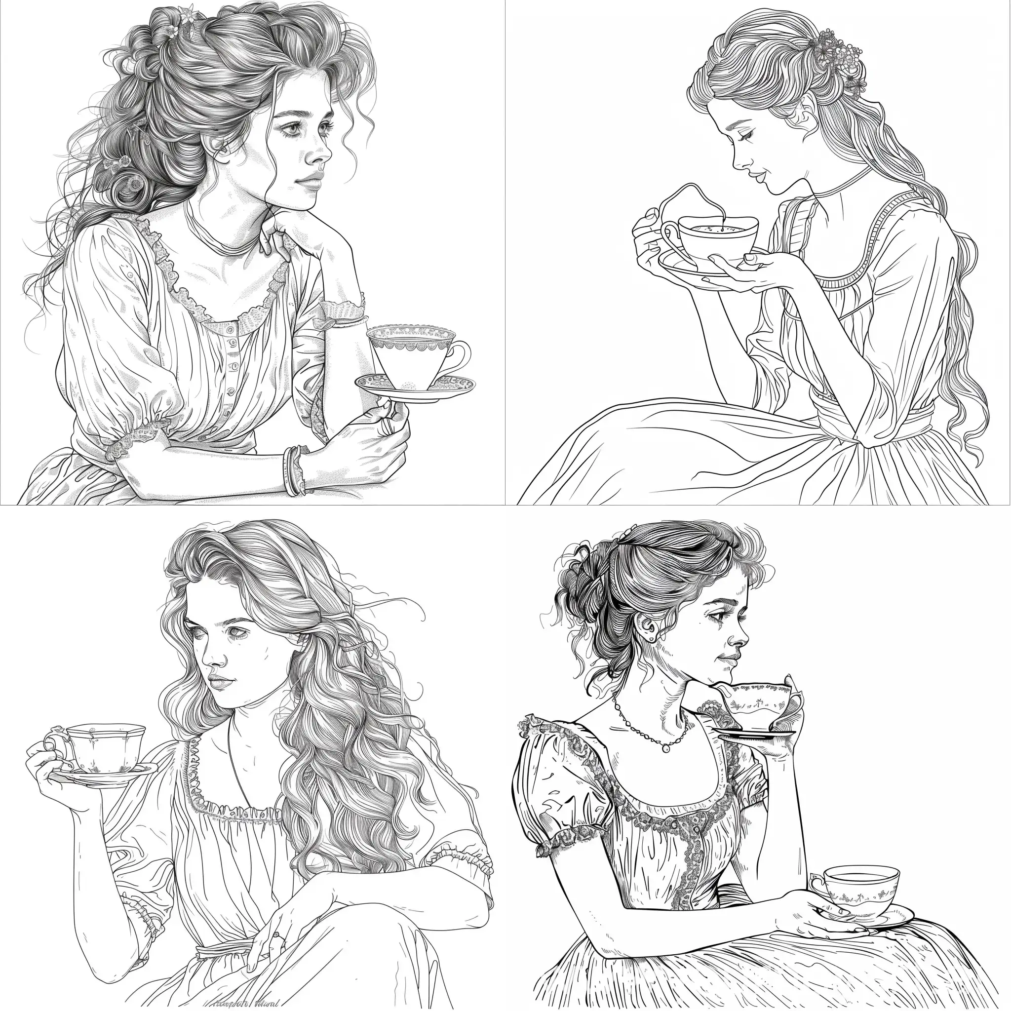 young woman sitting with a porcelain tea cup, three-quarter spread, vintage Single line drawing