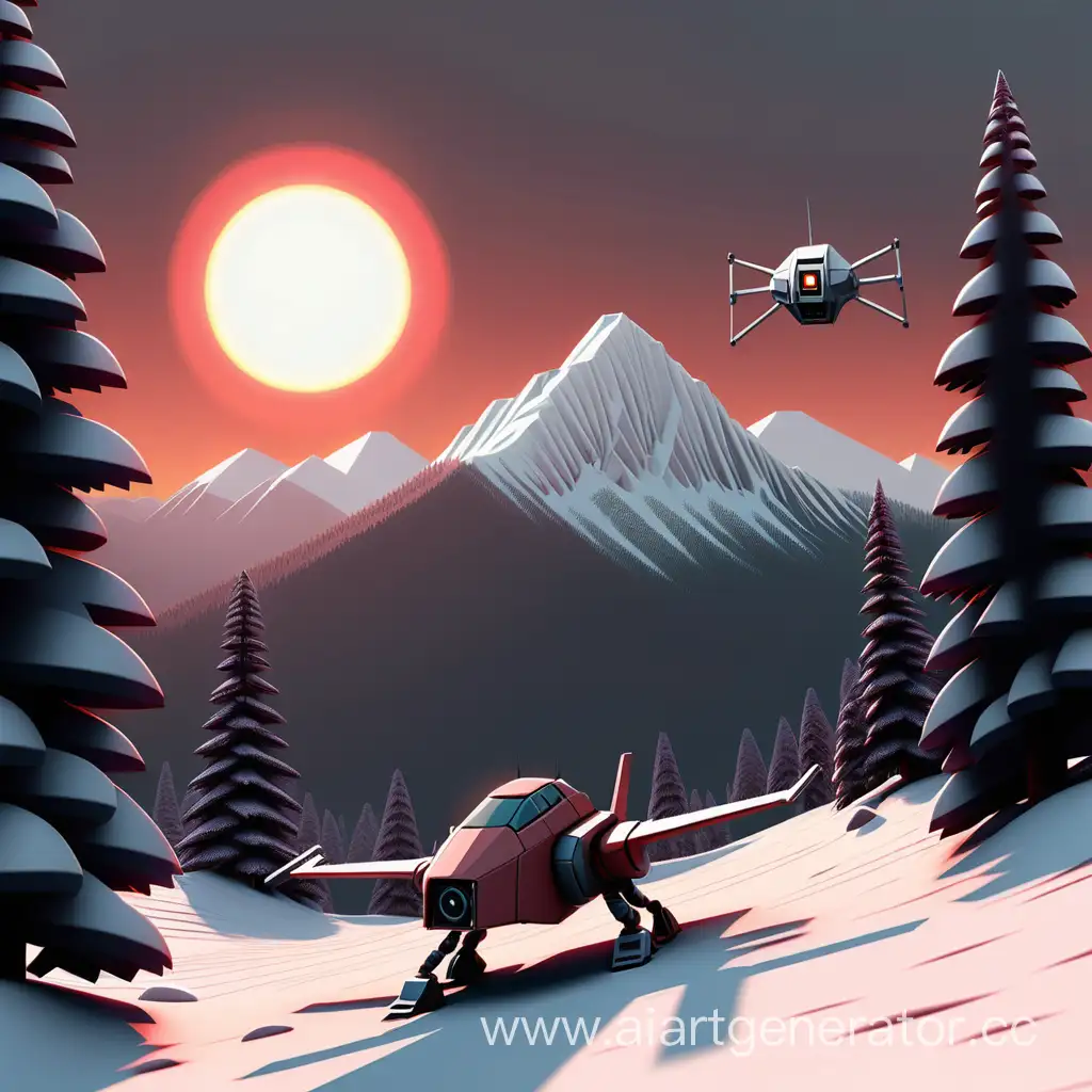 Mountainous-Landscape-with-Snowy-Peaks-and-Robot-at-Dawn