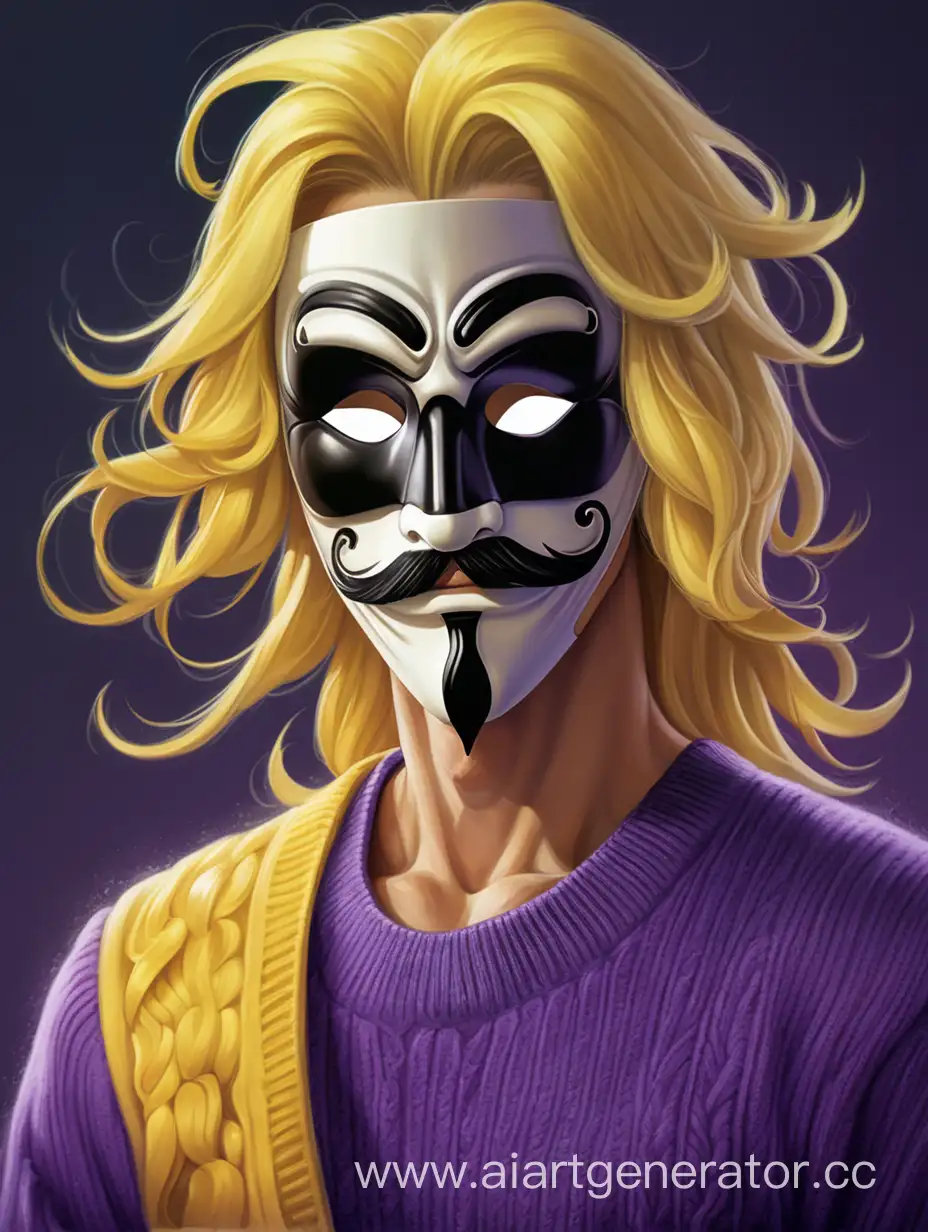 Мужчина, в маске анонимуса, чёрные усы на маске, длинные жёлтые волосы с завитушкой, фиолетовая кофта.
