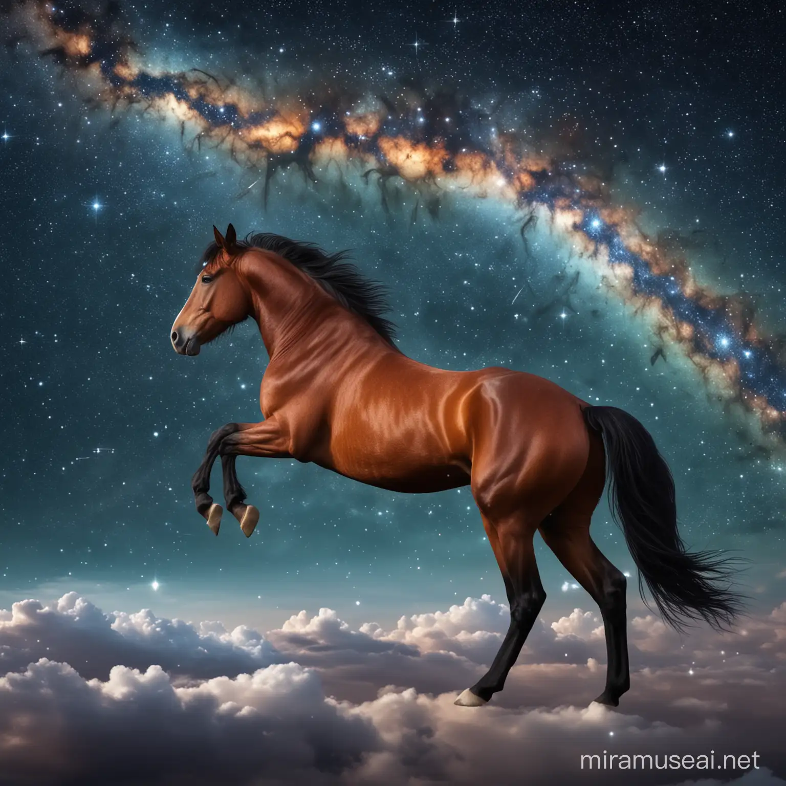 una constelación de caballo en el cielo.  muy espiritual.  magico. estrellas brillantes.  noche. caballos en la tierra mirando hacia arriba el cielo.