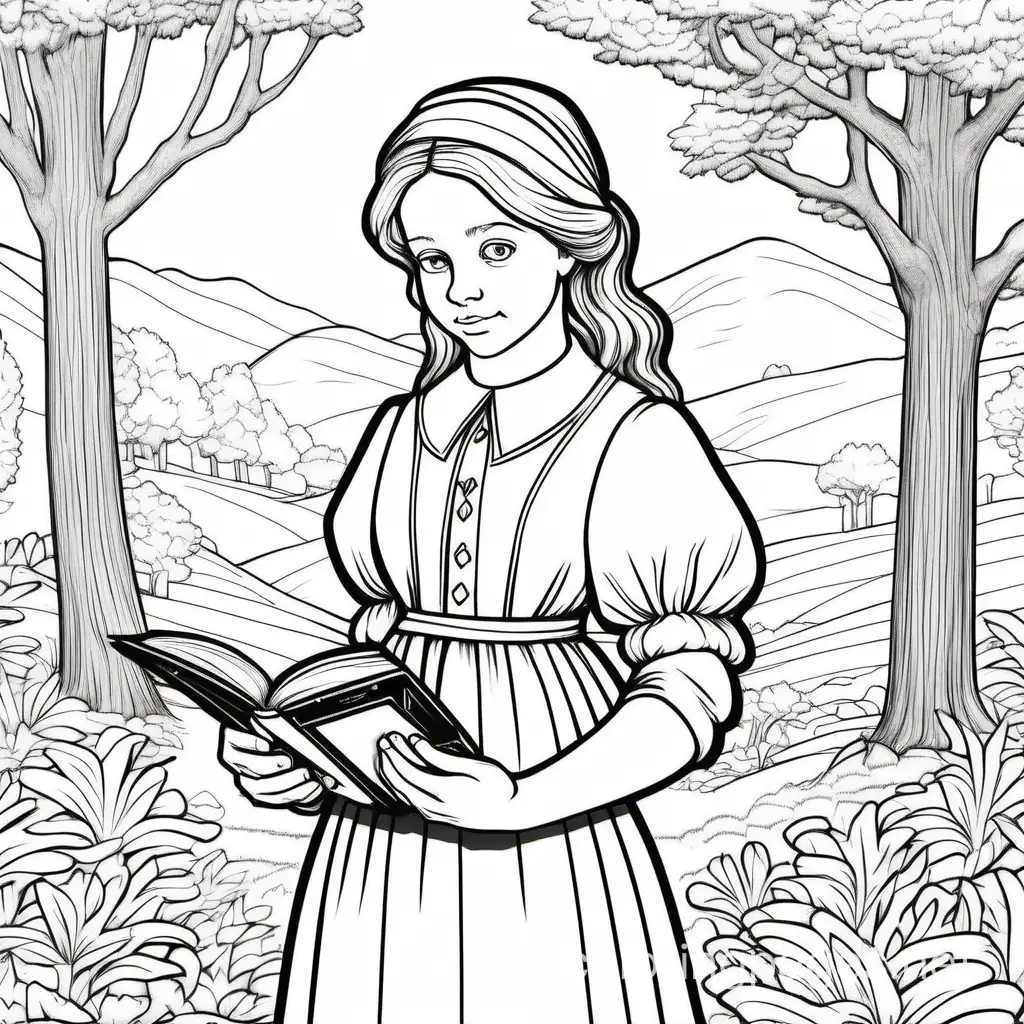black and white coloring book drawing, only thick outlines, no grayscale, for kids cartoon style, Catherine Booth, Young Girl, 1800's, reading, bible, Coloring Page, black and white, line art, white background, Simplicity, Ample White Space. The background of the coloring page is plain white to make it easy for young children to color within the lines. The outlines of all the subjects are easy to distinguish, making it simple for kids to color without too much difficulty