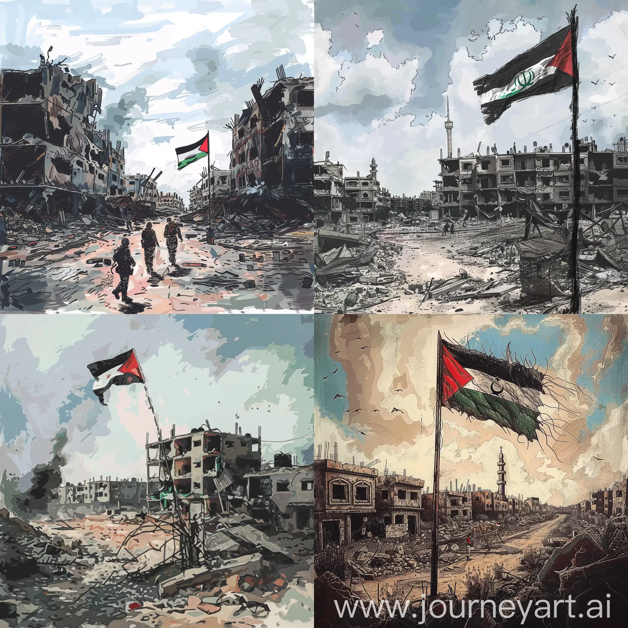 ارسم لى قطاع غزة  فى ظل الدمار والعلم الفلسطيني  وفى ظله الشعب الفلسطيني 