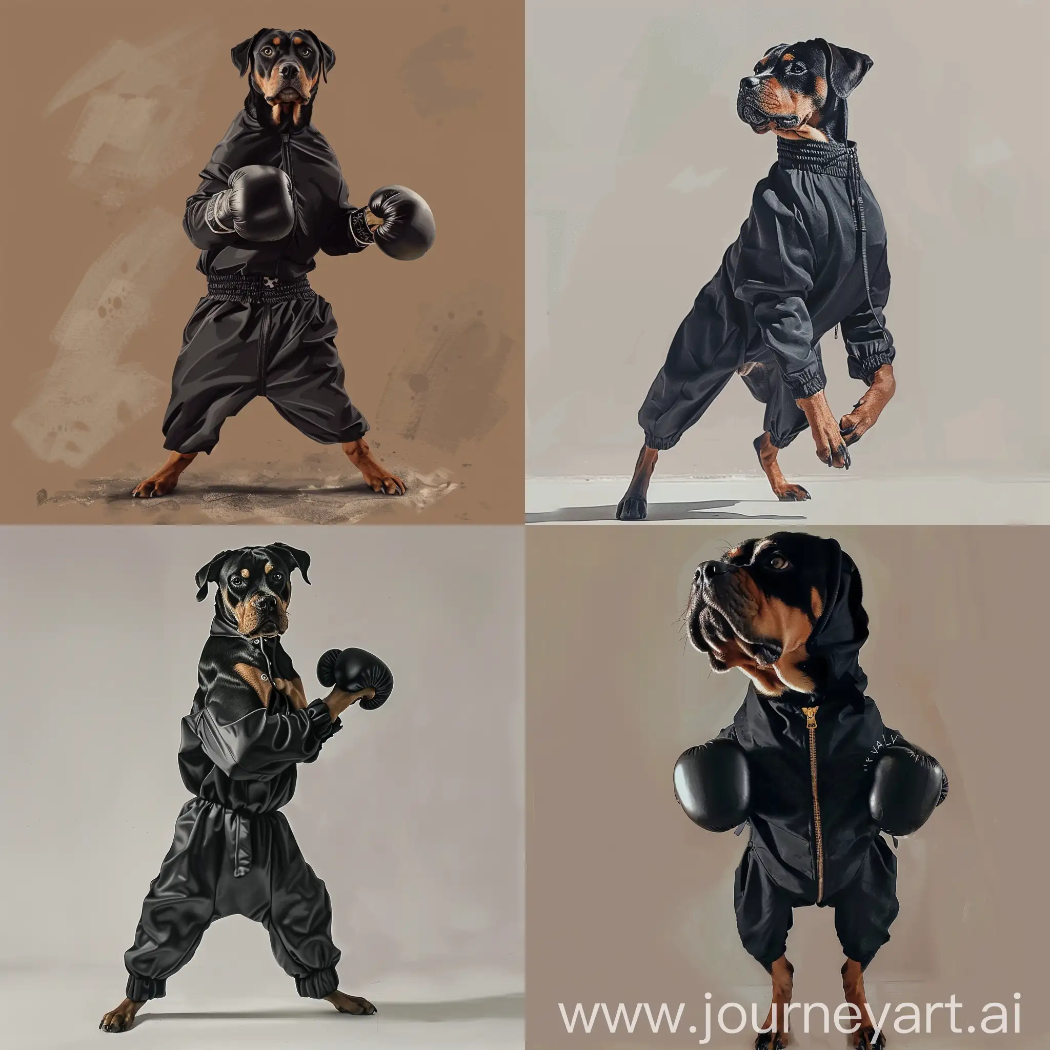 Draw a photo realistic image of a black and tan boxer dog dressed like a boxer standing on its back legs