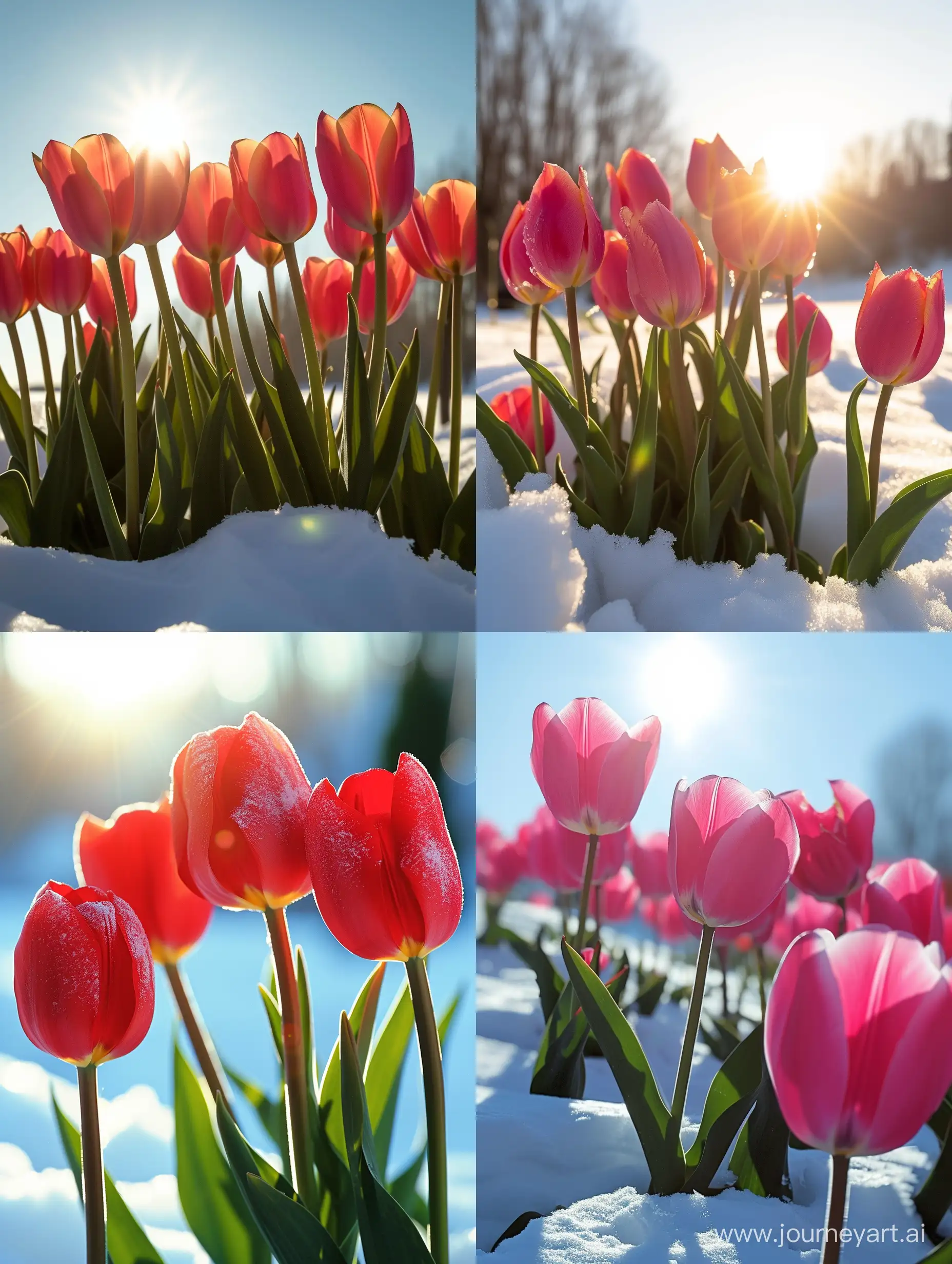 Тюльпаны на фоне солнца и снега
