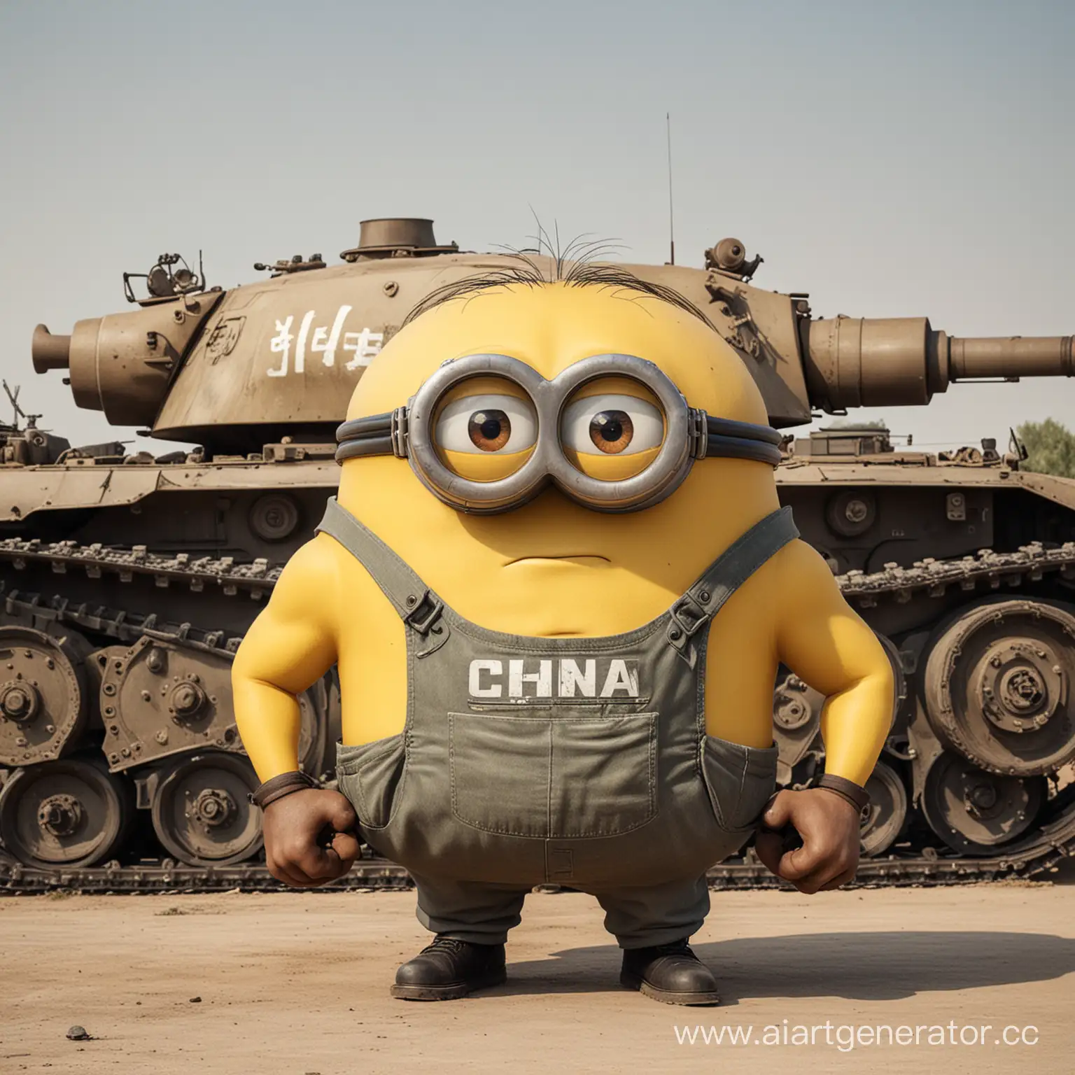 Огромный Жёлтый Миньон с огромной мышечной массой в майке в обтяжку надписью ЧНР на немецком танке 