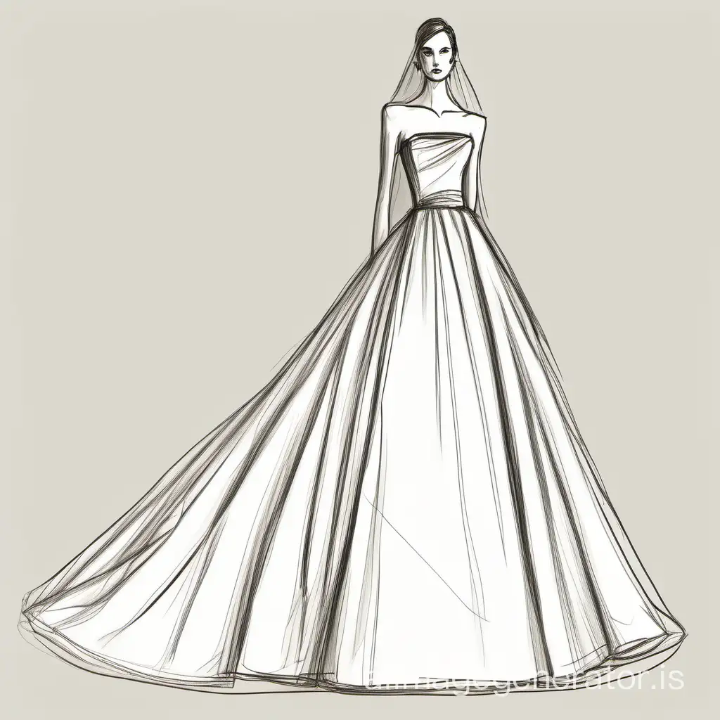 Do a designers hand drawn sketch of a strapless wedding dress with large skirt