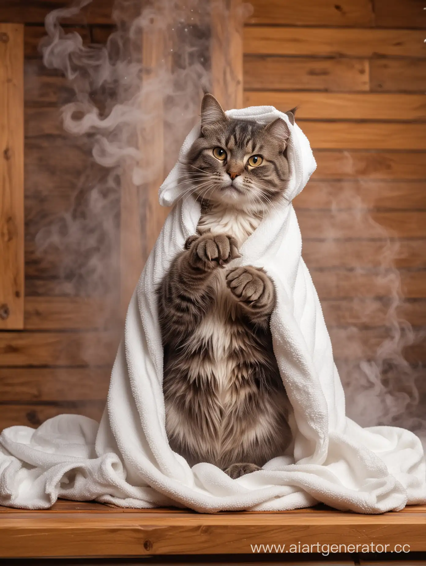 Кошка сидит в сауне, на голове у нее полотенце, вокруг пар, кошка очень довольная, показывает лапкой класс