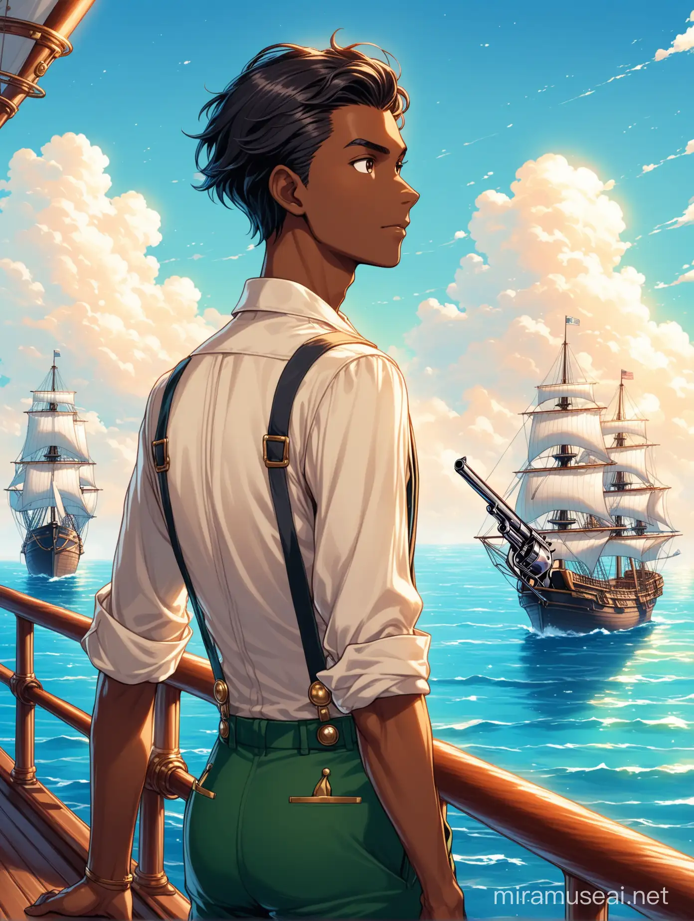 Jesper has light-dark skin and short dark hair. He is thin, lanky and very tall. He has pearl-handled revolvers. He is dressed in a bright outfit: shirt, trousers with suspenders. He stands with his back to us, holding the rail of a ship sailing on the sea, and looks at another ship.