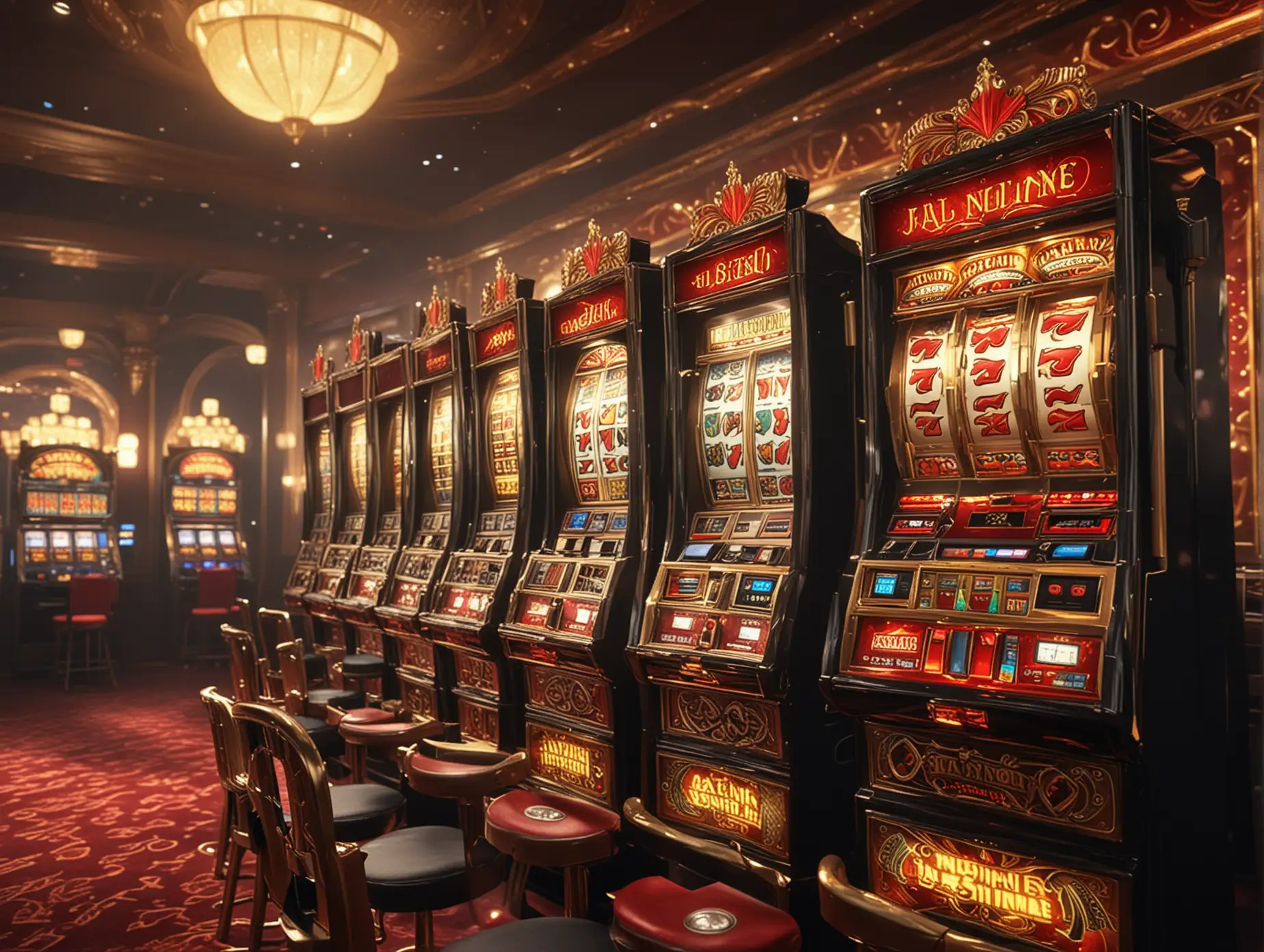賭場室内设计老虎机，有氛围感的背景，有特效，黑红金色的色调，逼真，4k高清，