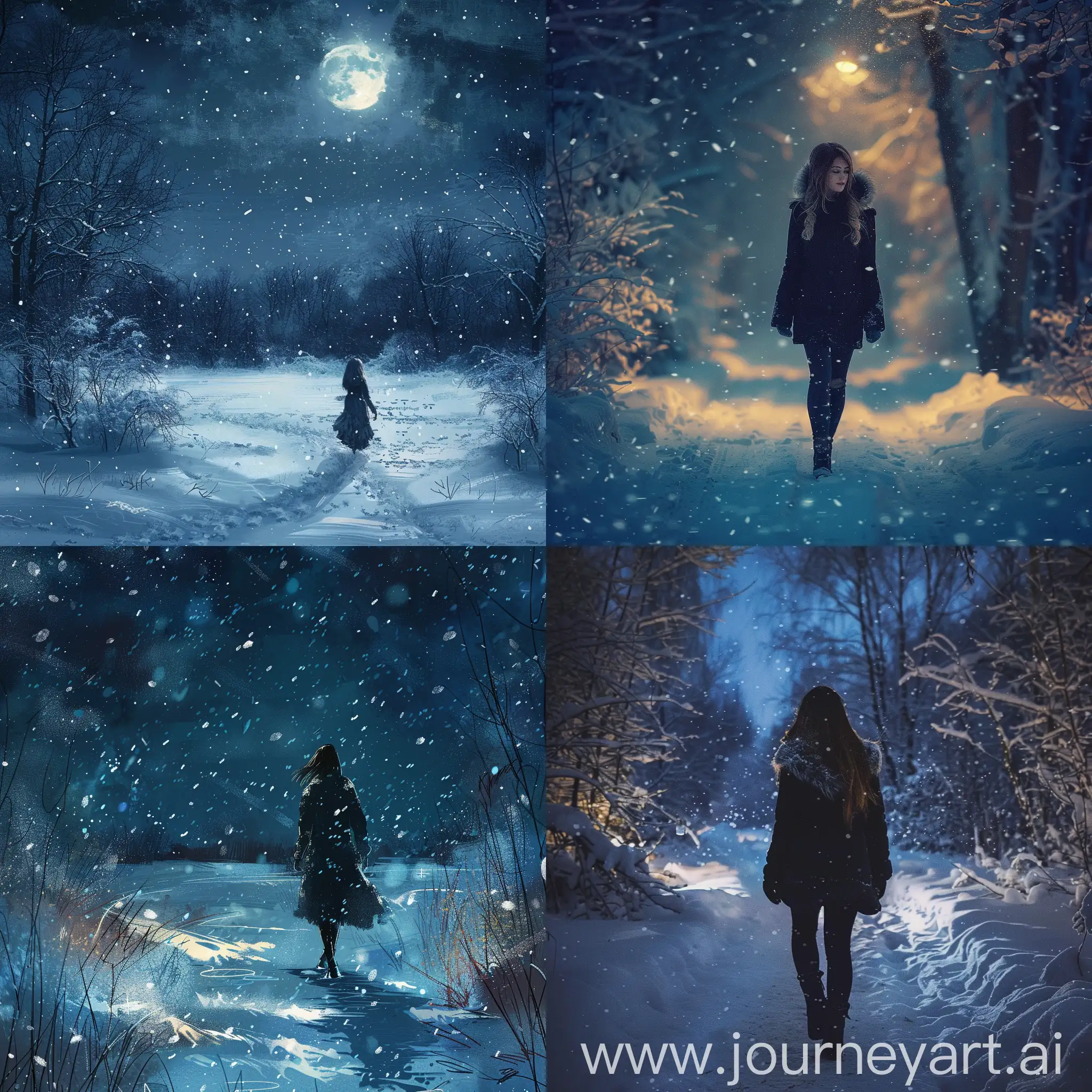 一个大雪纷飞的夜晚，一个漂亮的女人独自一人行走在无边的荒野