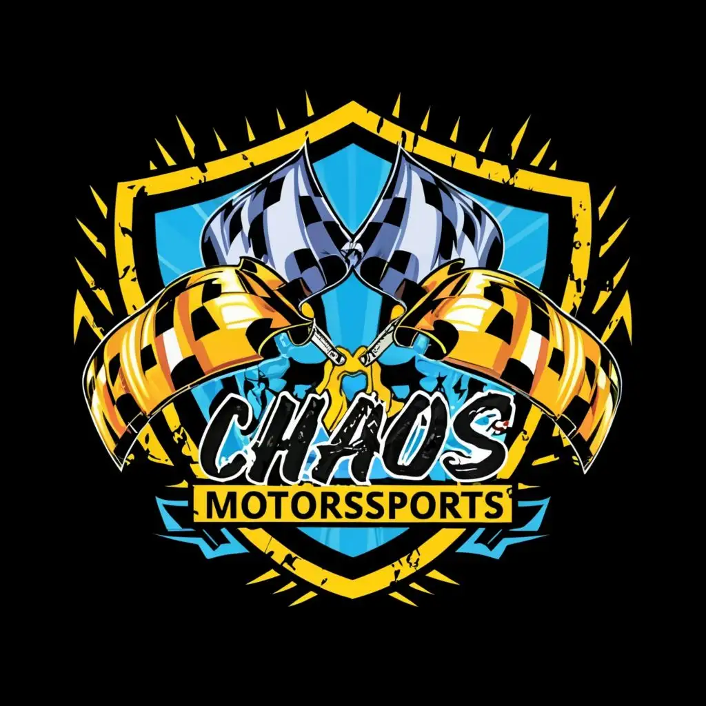 logo, Shield with checkered flags blue yellow fluorescent, with the text "Chaos Motorsports", typography, be used in Automotive industry