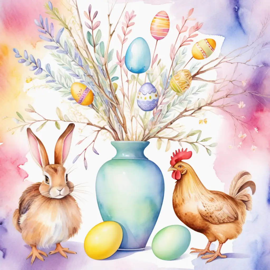en vas med påskris , en kanin och en kyckling som ligger som vänner bredvid vasen, ett påskägg med godis, färgglad bakgrund
i vattenfärg
