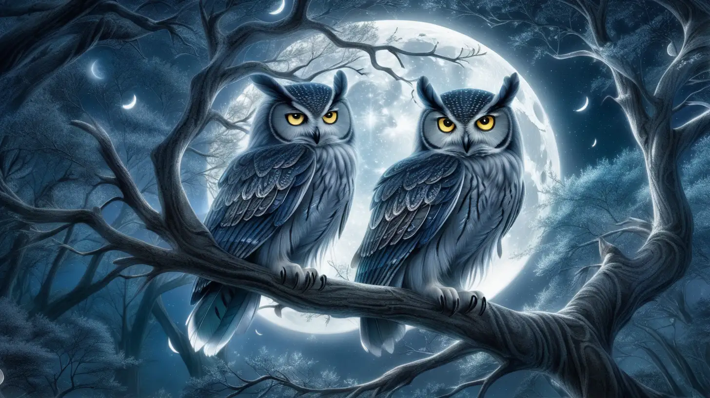 in anime style, a mystical forest realm with  magical owl Perched on moonlit branches  with feathers that shimmer with sparkling  silver, blend seamlessly into the shadows. Their calls echo through the Enchanted Grove, carrying with them the ancient wisdom of Eldrath,  their eyes reflecting the mysteries of the night.