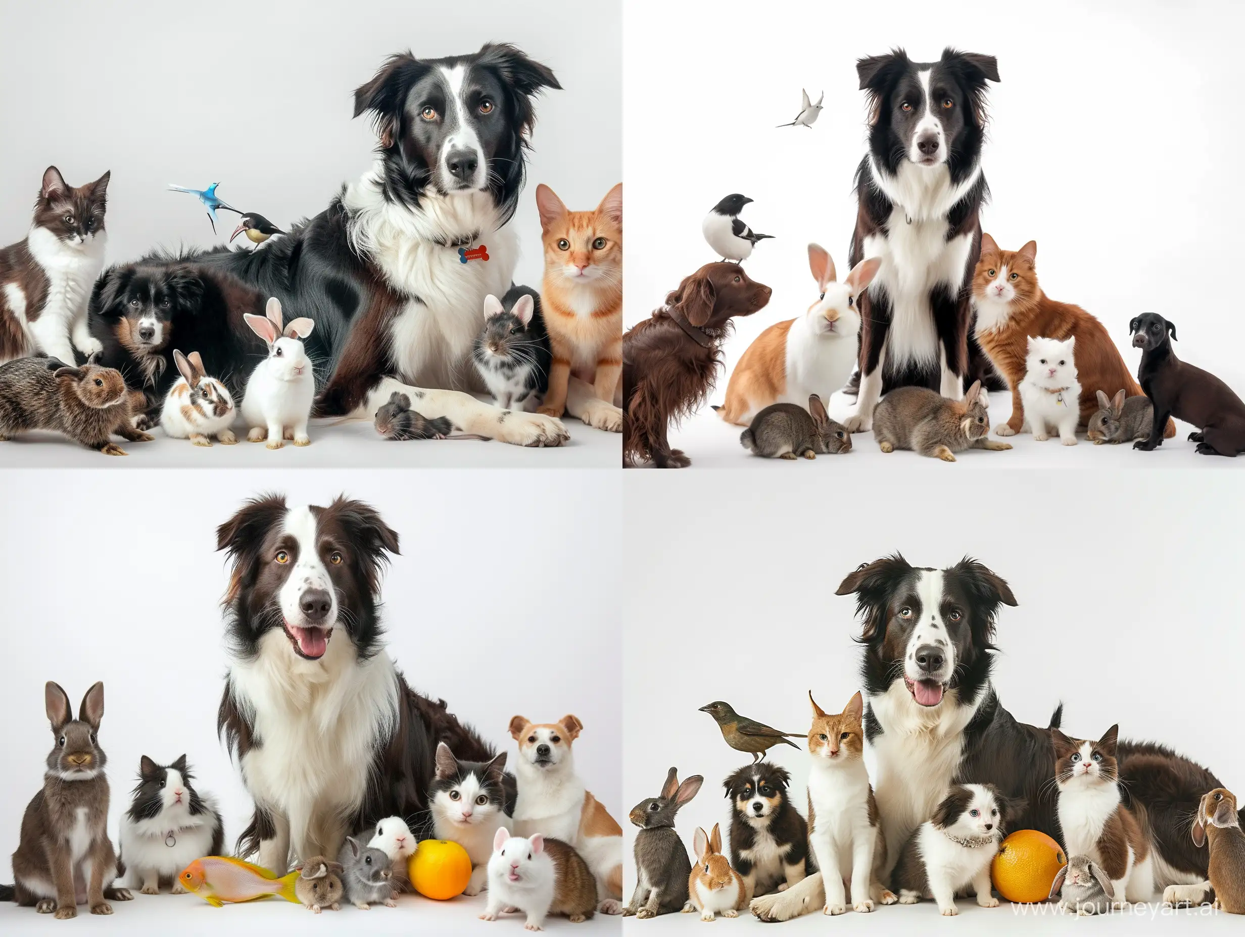 Group of pets posing around a border collie: dog, cat, ferret, rabbit, bird, fish, rodent