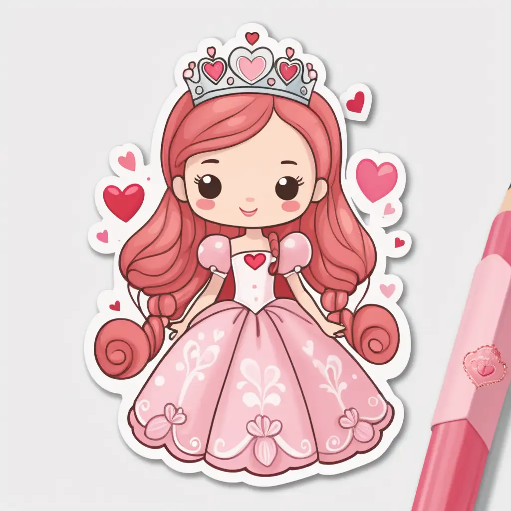 Whimsical Valentine Princess Cartoon Illustration on a White Background