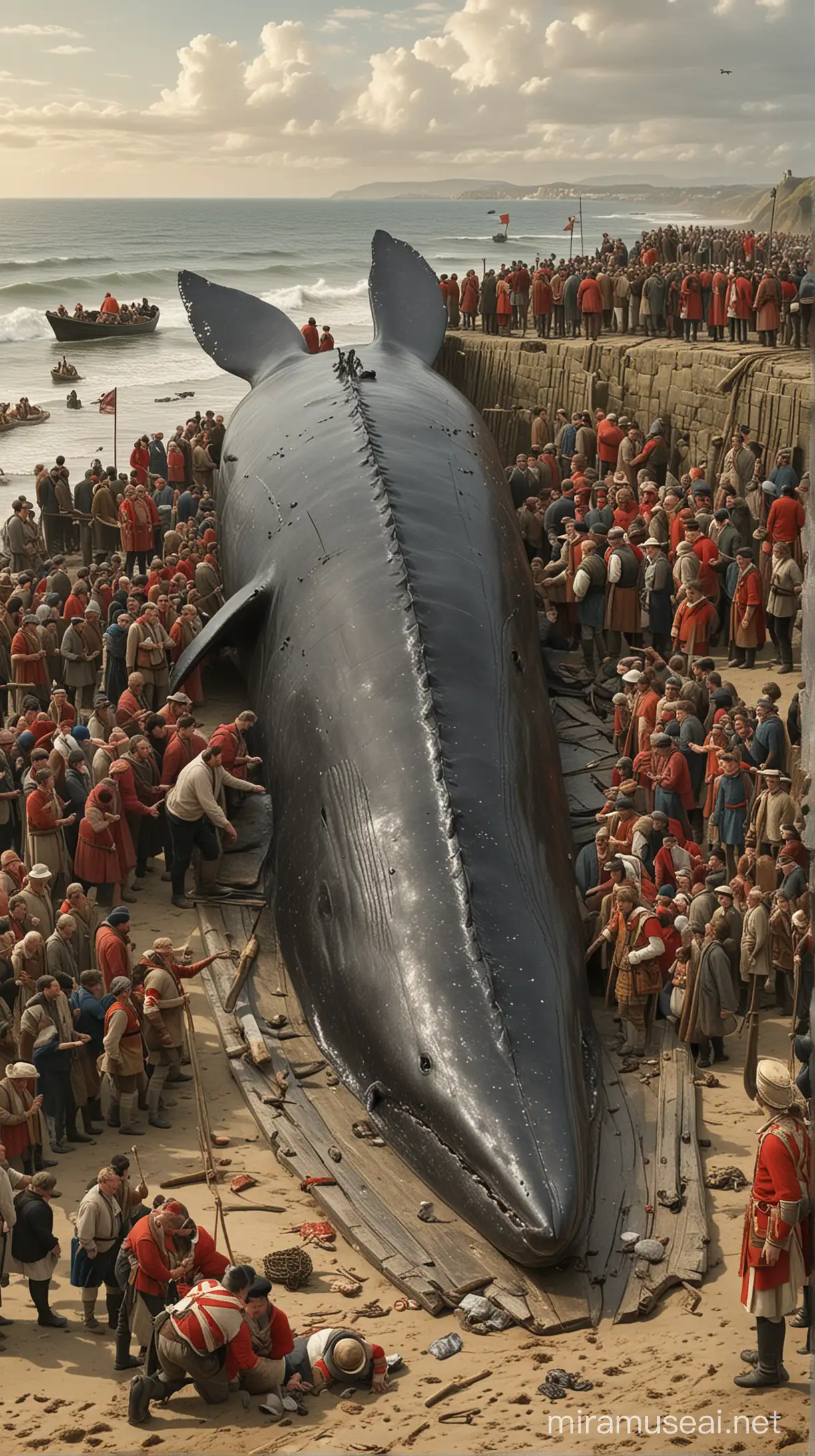 The scene of a beached whale in medieval England is a lively depiction. Along the coast, a large crowd gathers; royal guards, local people, and curious onlookers. The tail of the giant whale is pulled onto the shore, supported by crates marked with the royal emblem. Around the tail, workers and whale hunters are working to extract the bones. Royal members have arrived at the scene to examine the whale's head and other valuable parts, while officials keep the crowd under control.

