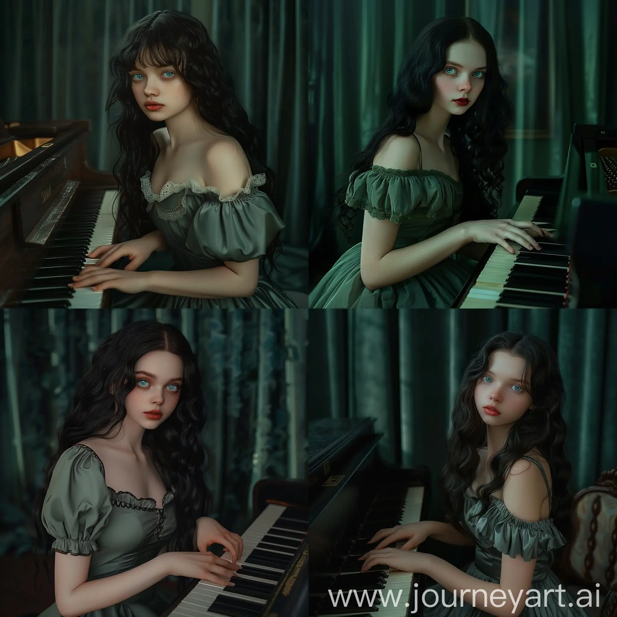 Captivating-Girl-with-Blue-Eyes-at-Piano-in-Dark-Green-Interior