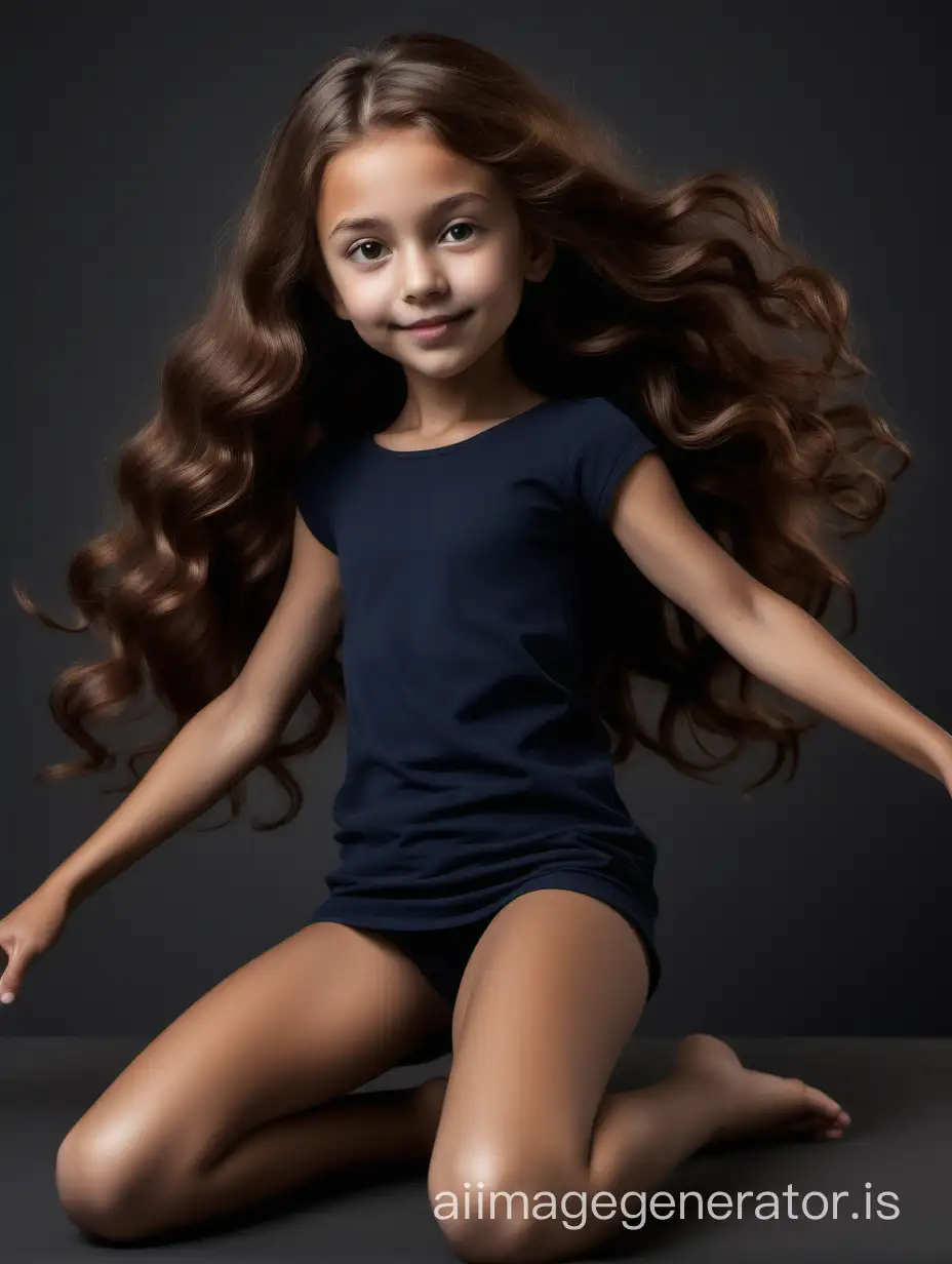 This 10-year-old girl has a slender body with graceful proportions. She has a round head with soft facial features. Her round eyes, hazel in color, radiate joy and curiosity. Her small nose is slightly upturned, giving her a friendly look. She has full, gentle lips that are often adorned with a cheerful smile. This girl's hair is long and thick, dark chestnut in color. It cascades down her back in soft waves, creating an elegant look. Her hair also has a natural shine and softness., 8K UHD, full body in image, she is lying on their back with their legs raised and spread apart. Their knees are bent, forming an angle. Their arms may be positioned along the body or slightly supporting the legs. This posture could be comfortable for stretching or relaxation