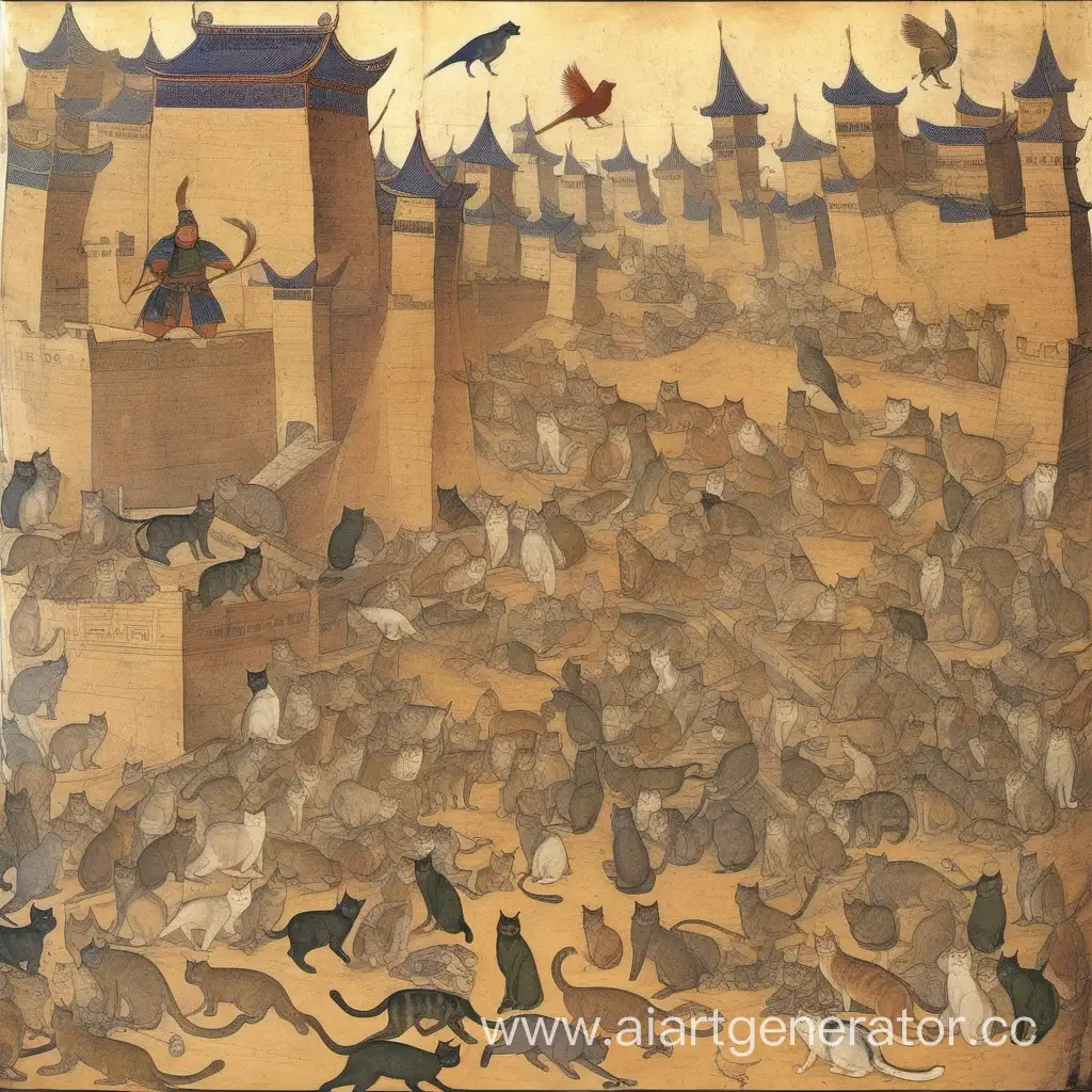Изображение  кошек и птиц. Во время осады укрепленного города Валойя Чингизханом