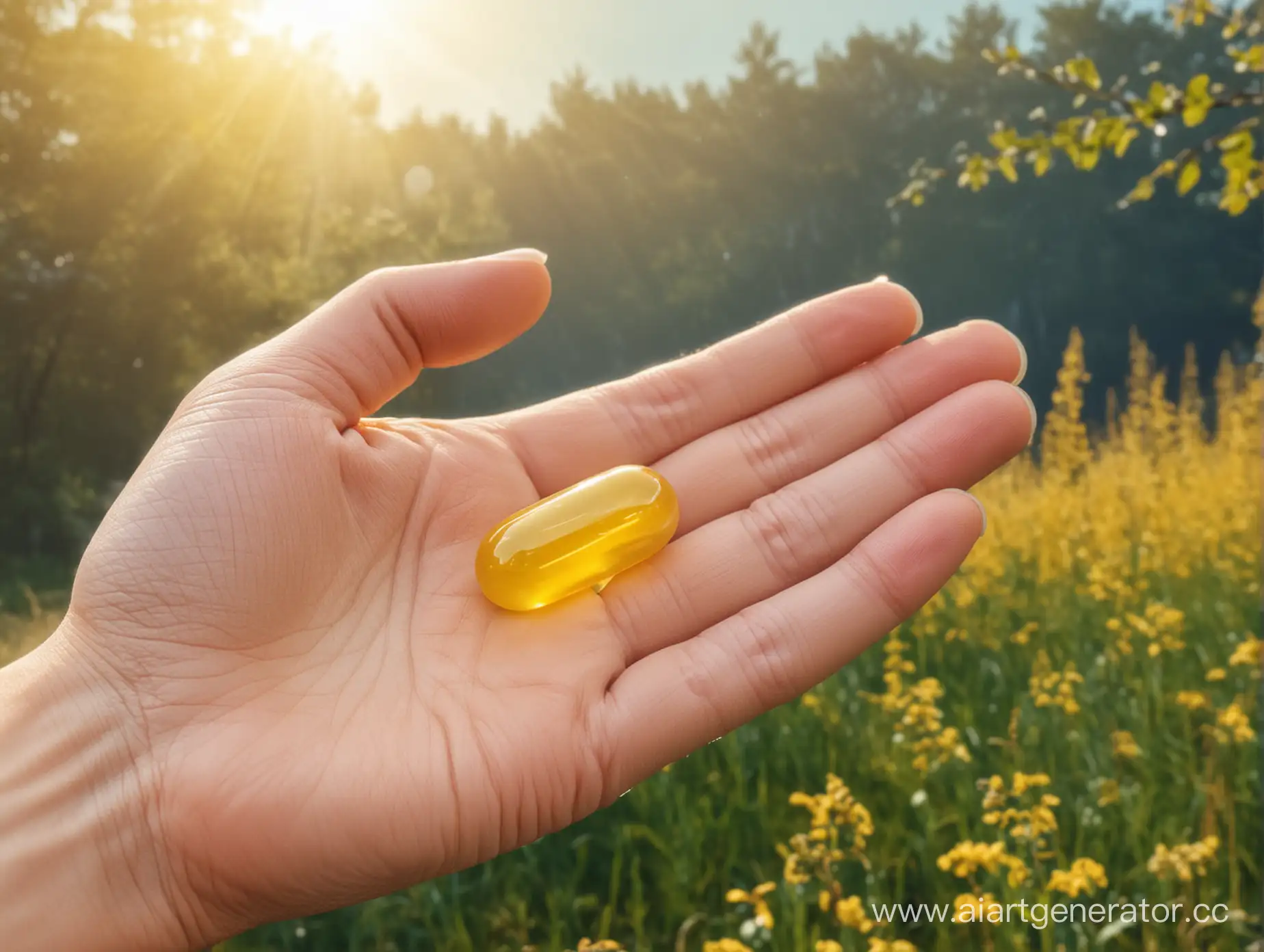 Hand-Holding-Smooth-Gelatinous-Yellowish-Capsule-Tablet-on-Beautiful-Background
