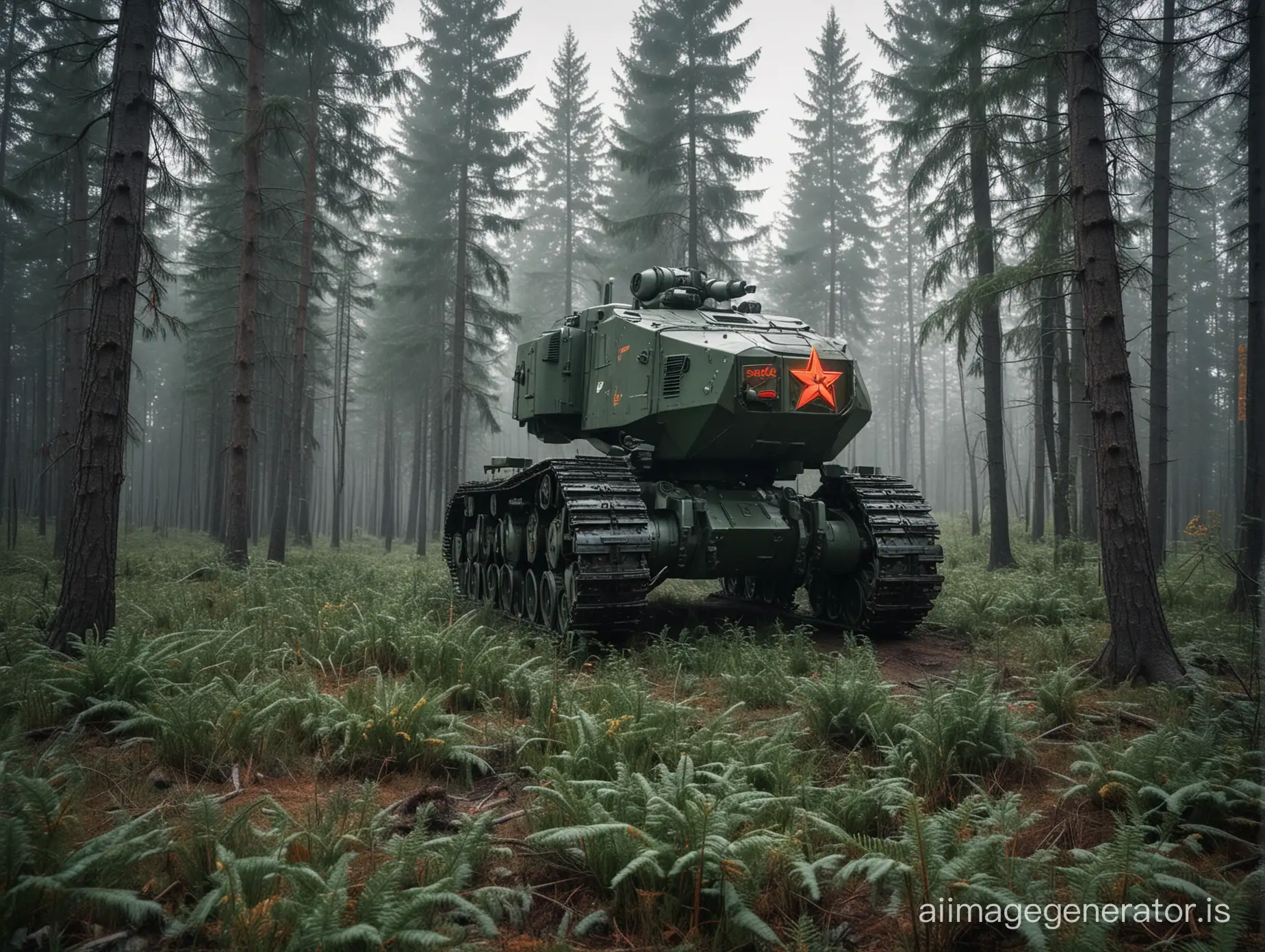 wide view, soviet research dark green MAZ mech on large caterpillars. the sixties of the 20th century. coniferous forest. cinematic shot. winter. ground level shot, epic, cinematic background, dramatic, atmospheric. dawn. large inscription on the body of the CCCP . star. hammer and sickle
