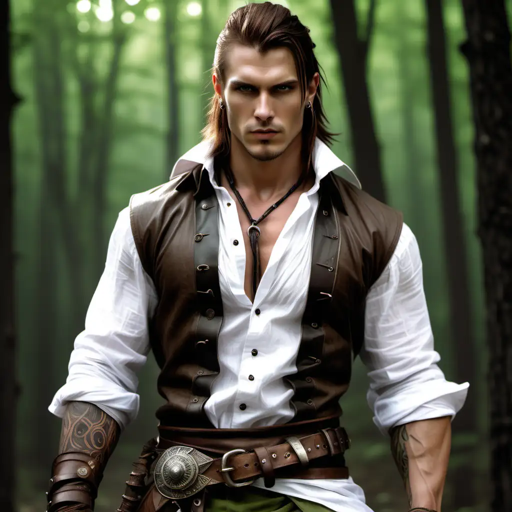 Fantasy male, long chestnut brown hair tied back, fang earing, small pointed ears, white linen lace up shirt, sash around hips, dagger belt, leather arm bracers, tribal tattoos, light green eyes, handsome, rugged, sexy, tall, strong, scar along right cheek, royal, light green eyes, brown pants, bramble wood boots, very muscular, fur lined coat, winter