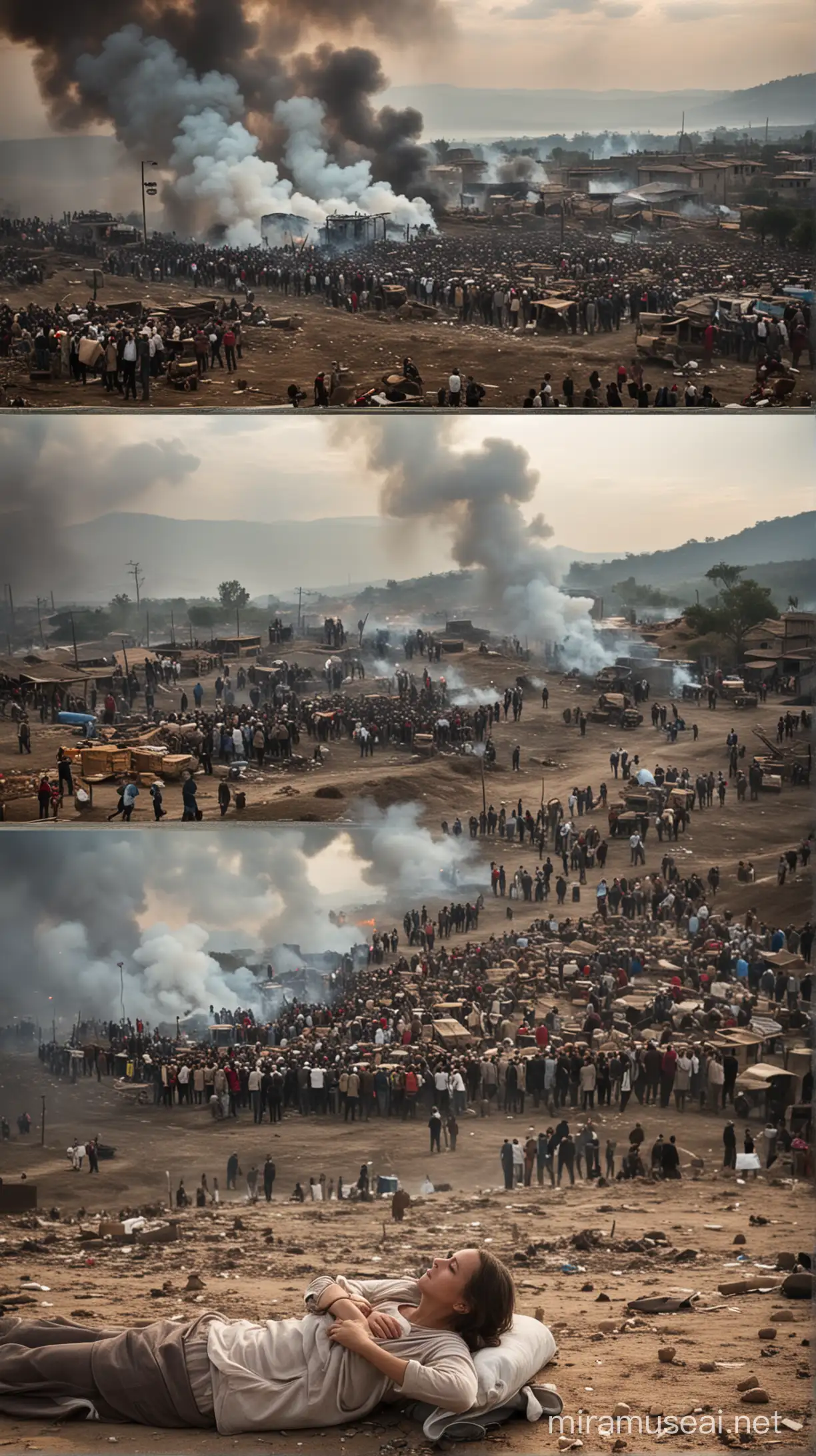 In the sixth picture, Erica is shown martyred during the most violent moment of the war in Yalova village. As she lies amidst scattered supplies, villagers and medical staff gather around her with a sense of sorrow. Smoke rises in the sky, enveloping the village with the war's destructive impact. Despite the turmoil, Erica's peaceful expression reflects the presence of loved ones and the community as she breathes her last for her homeland.

